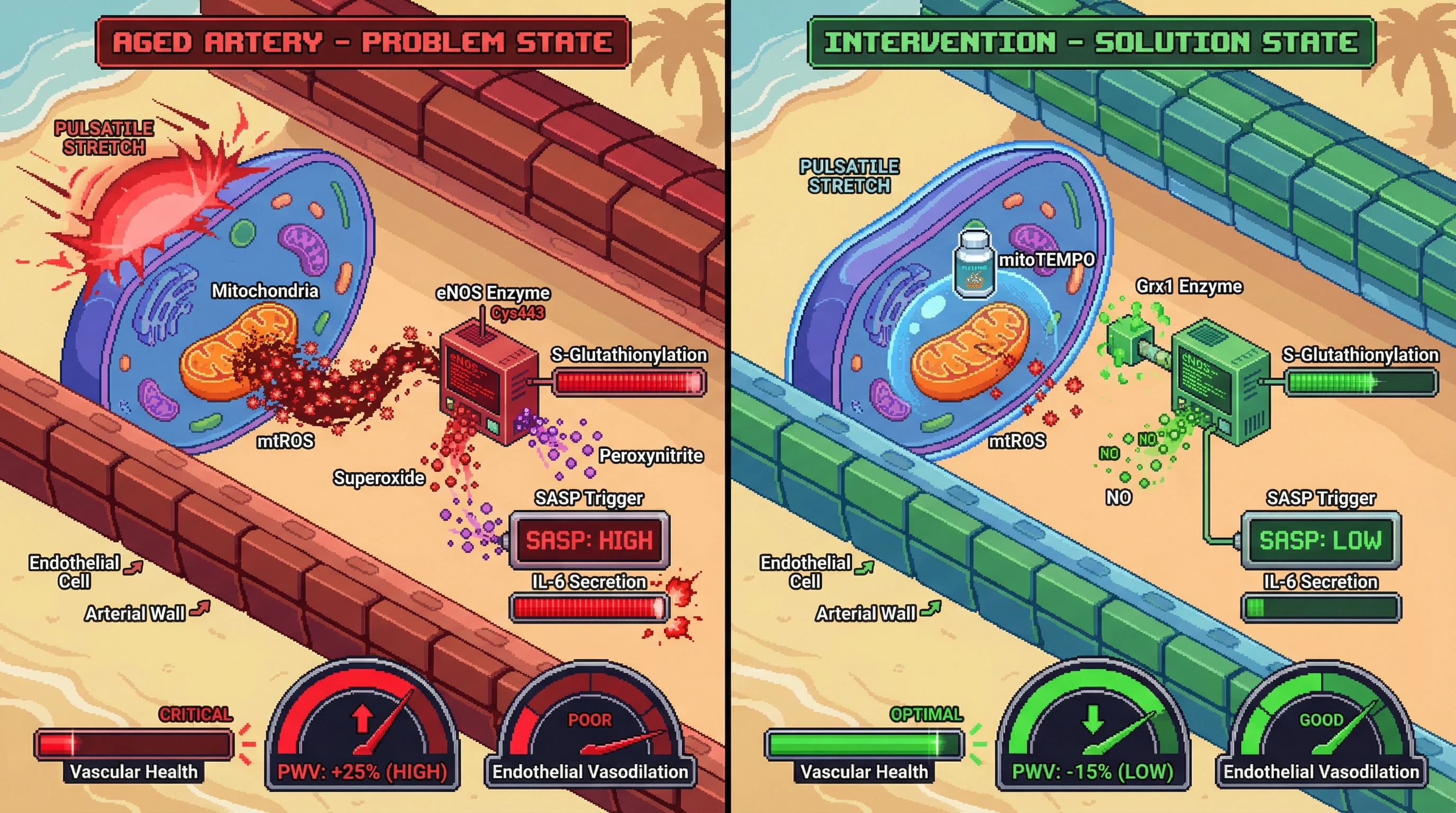 Infographic for: Mitochondrial ROS‑mediated eNOS uncoupling links pulsatile stretch to endothelial senescence and arterial stiffness