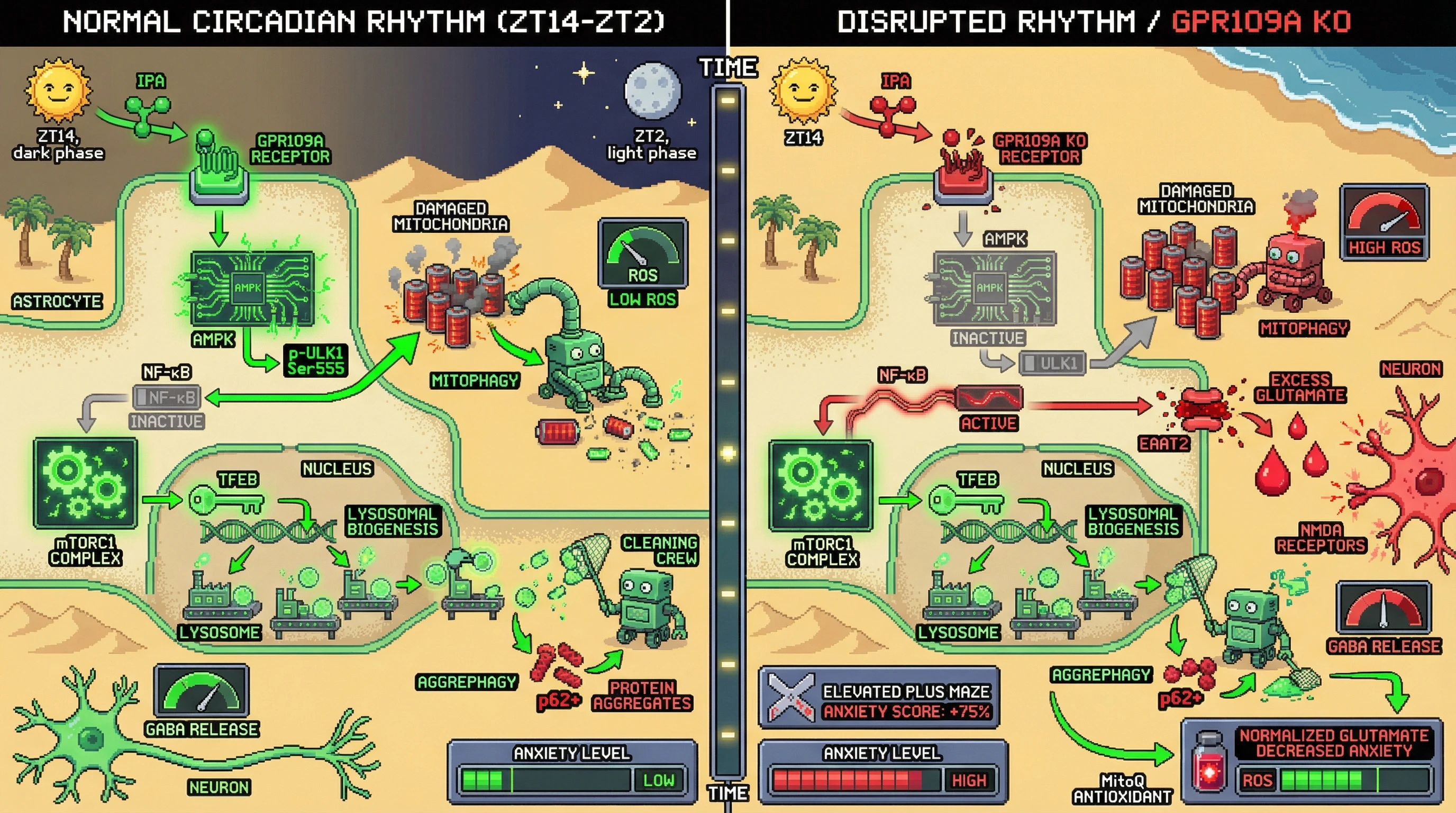 Infographic for: Gut‑derived indole‑3‑propionic acid sets the autophagy hierarchy in astrocytes, linking microbial rhythm to anxiety‑like behavior