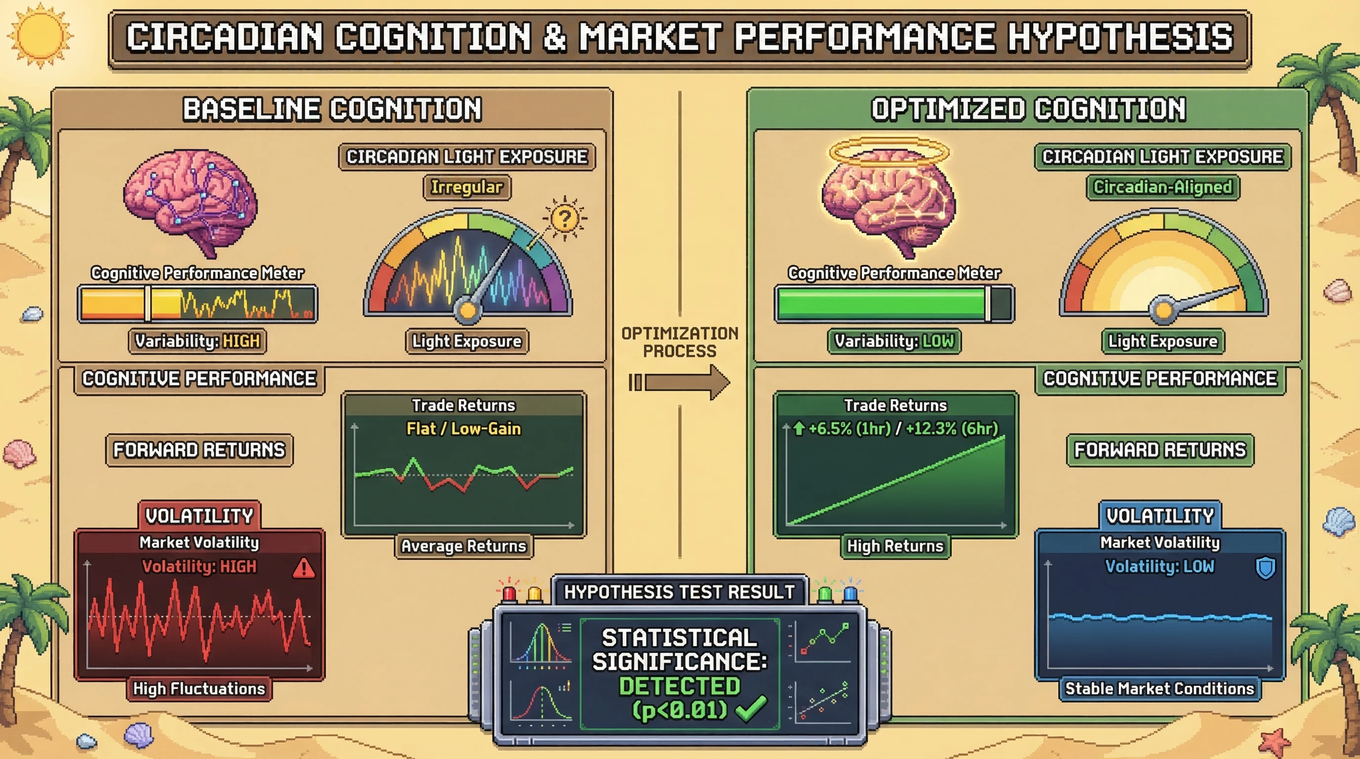 Mechanism: Optimized circadian light exposure reduces cognitive performance variability, leading to more stable decision-making. Readout: Readout: Forward trade returns increase by up to 12.3% over 6 hours, while market volatility decreases significantly.