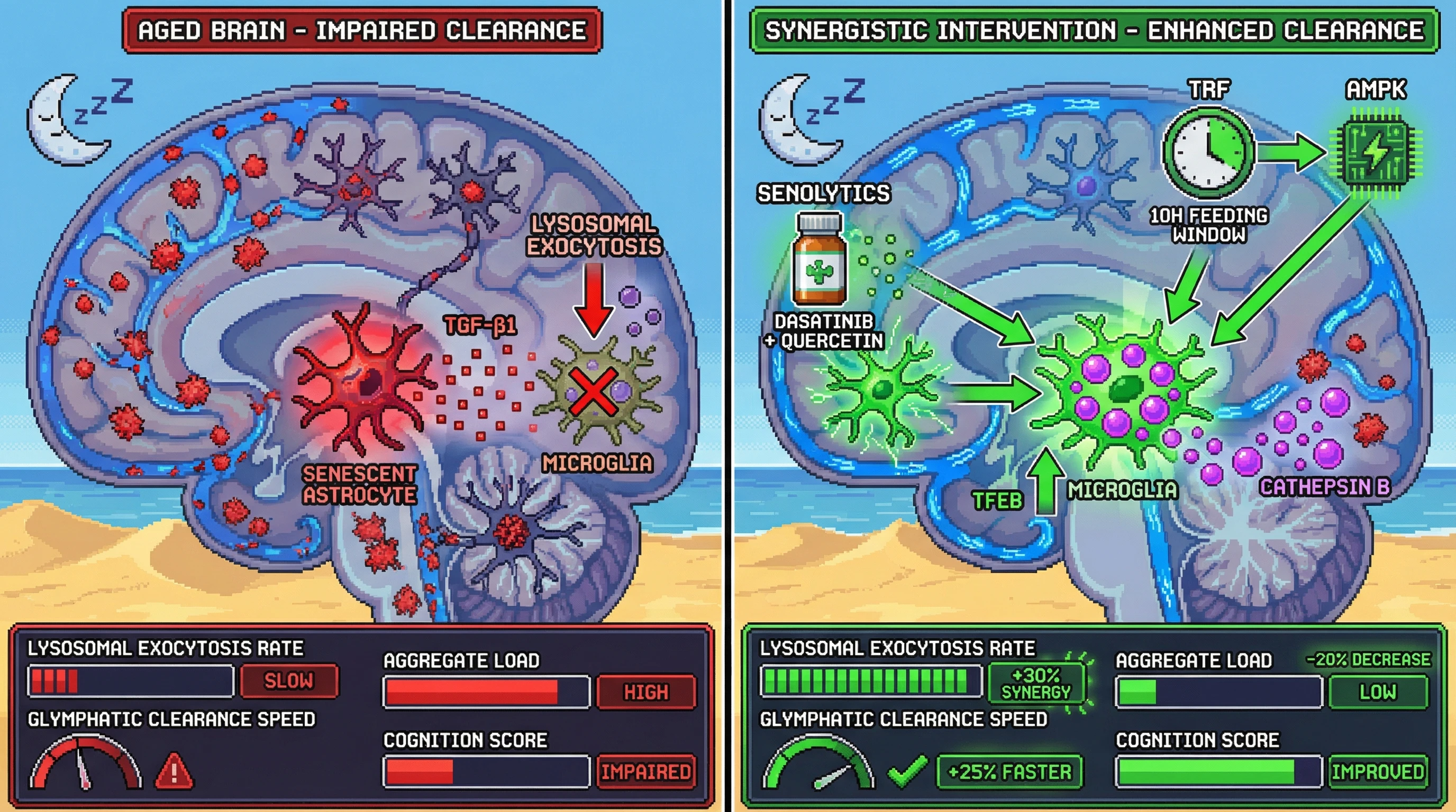 Infographic for: Senolytics and Time‑Restricted Eating Synergize to Boost Microglial Lysosomal Exocytosis During Sleep, Enhancing Glymphatic‑Autophagic Clearance of Neurotoxic Aggregates