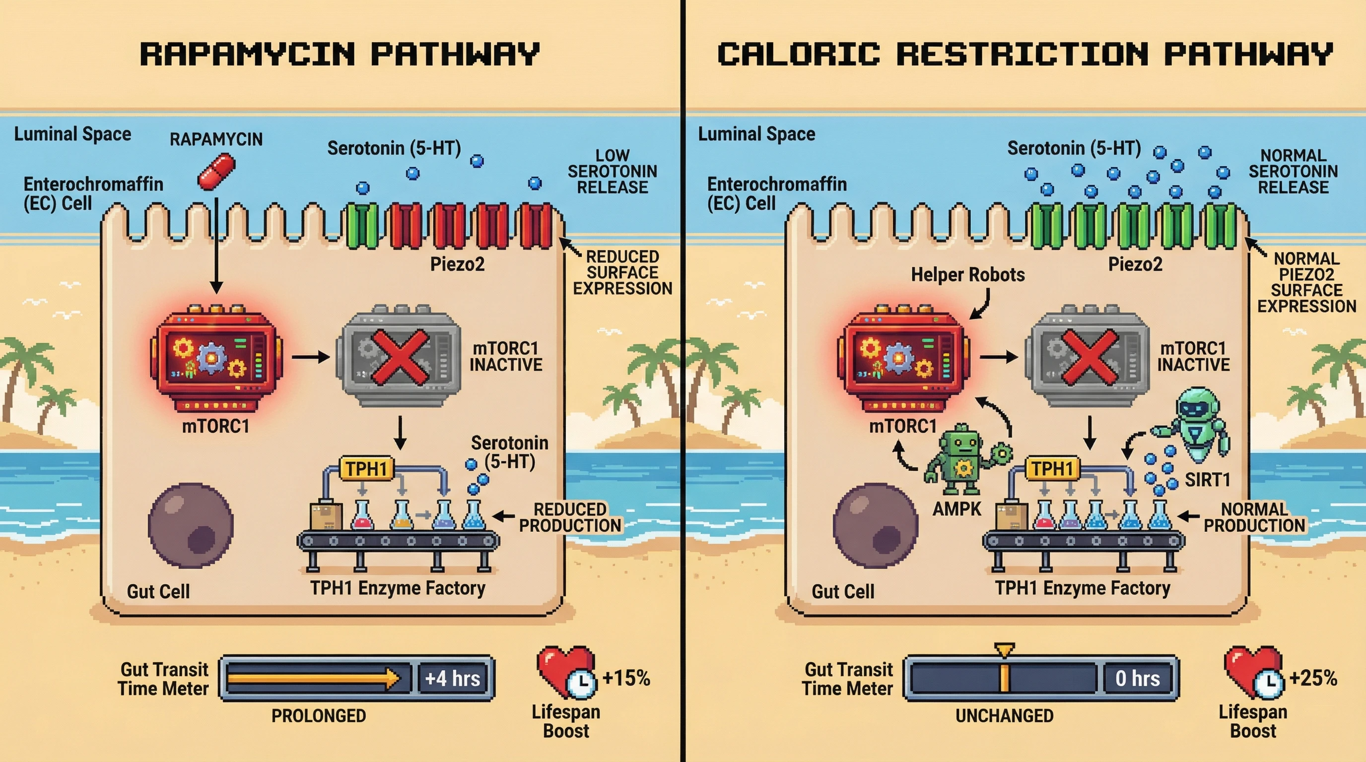 Mechanism: Rapamycin inhibits mTORC1 in enterochromaffin cells, reducing TPH1 and Piezo2 to lower serotonin and slow gut motility. Readout: Readout: Gut transit time is prolonged by 4 hours, and lifespan is increased by 15%, distinct from caloric restriction's 25% increase.
