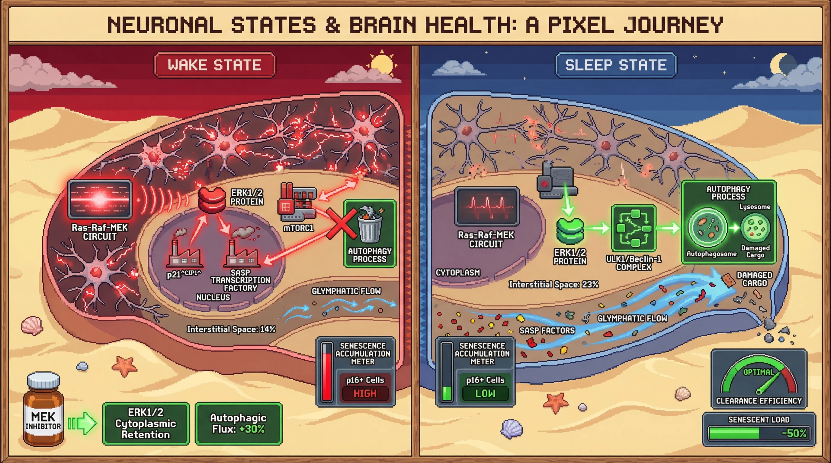 Infographic for: Sleep-Dependent ERK1/2 Cytoplasmic Retention Gates Glymphatic-Mediated Autophagic Clearance of Senescent Neural Components