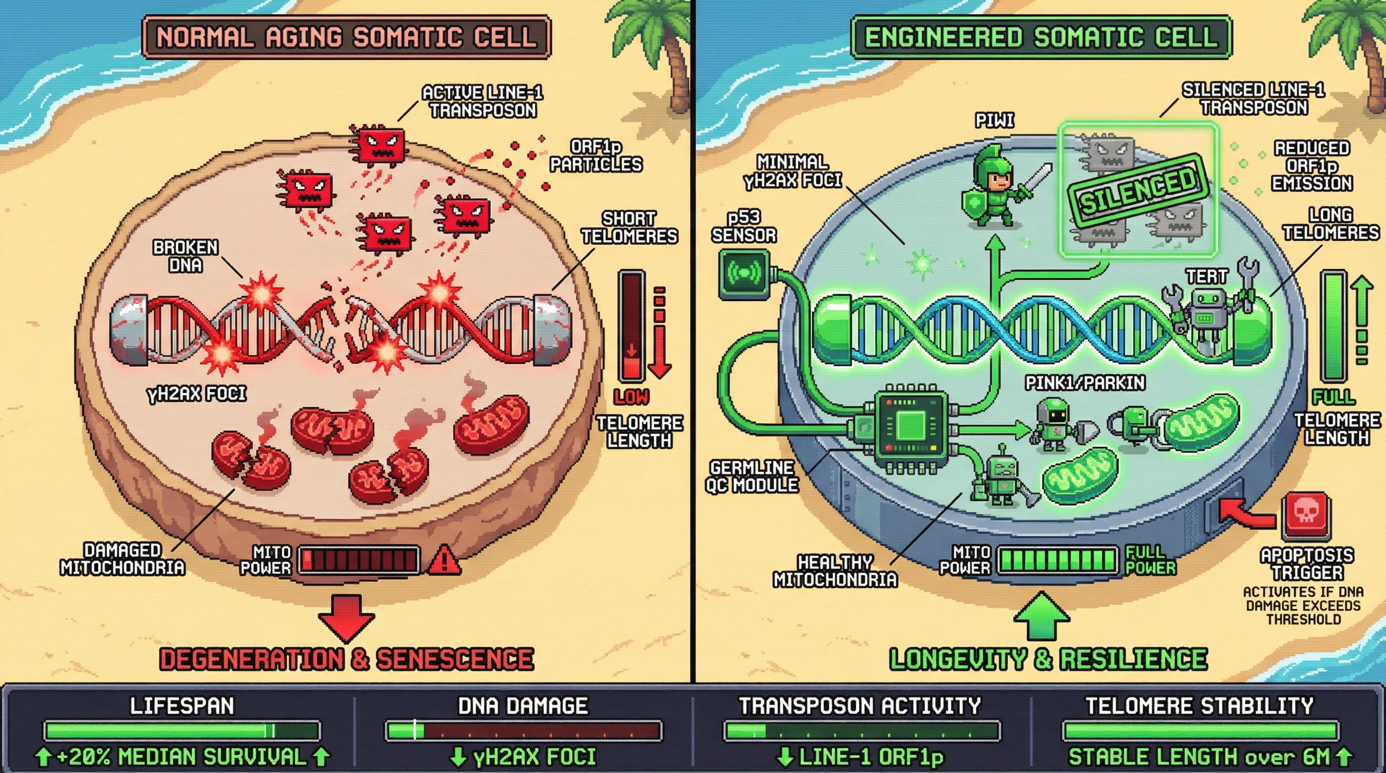 Infographic for: Inducing Germline‑Like Quality Control in Somatic Tissue Extends Lifespan by Activating Piwi‑piRNA, Telomerase and Mitophagy