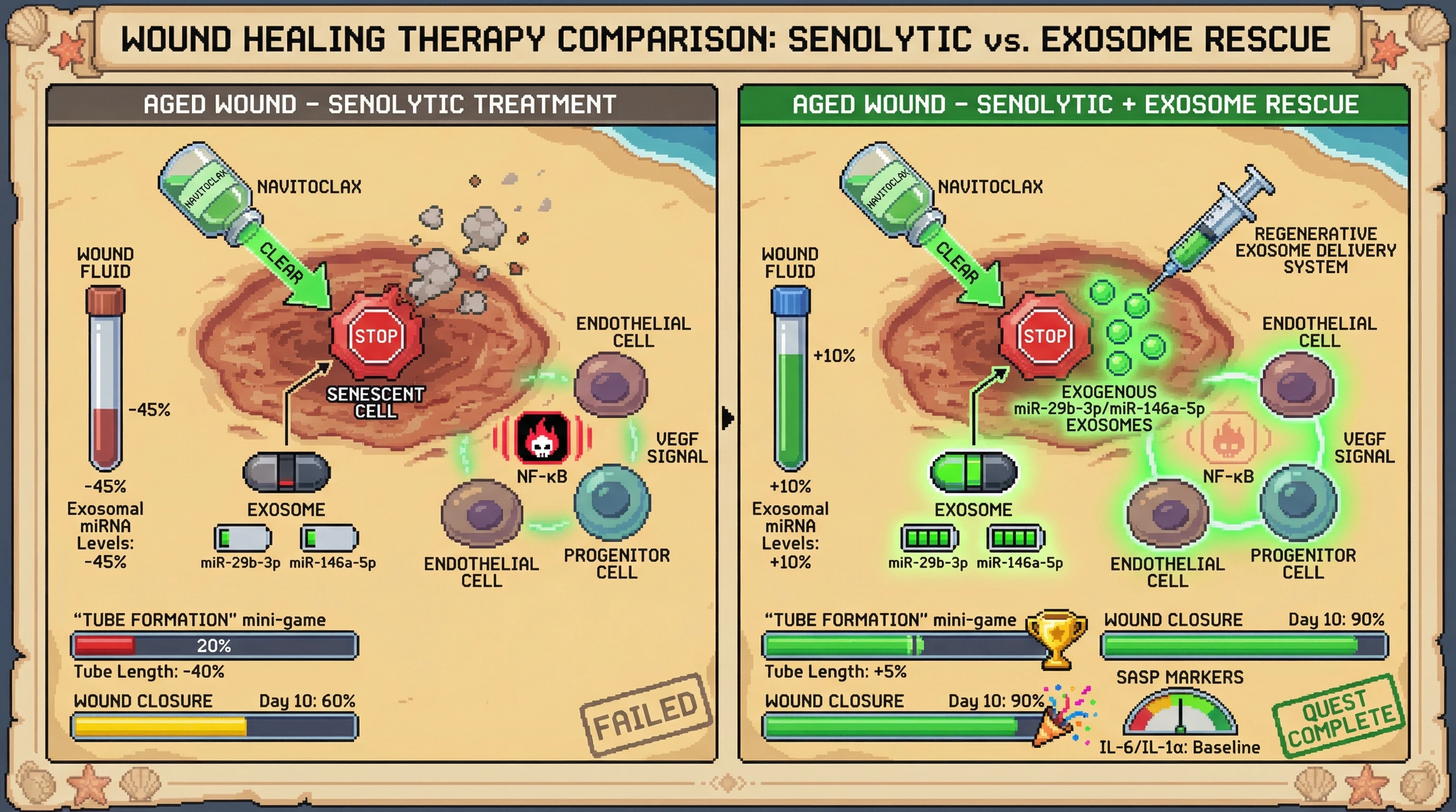 Mechanism: Senolytic treatment removes senescent cells, inadvertently reducing beneficial exosomal miRNAs (miR-29b-3p/miR-146a-5p) critical for wound healing. Readout: Readout: Supplementing these miRNAs restores angiogenesis, improves wound closure to 90% by Day 10, and keeps SASP markers at baseline.