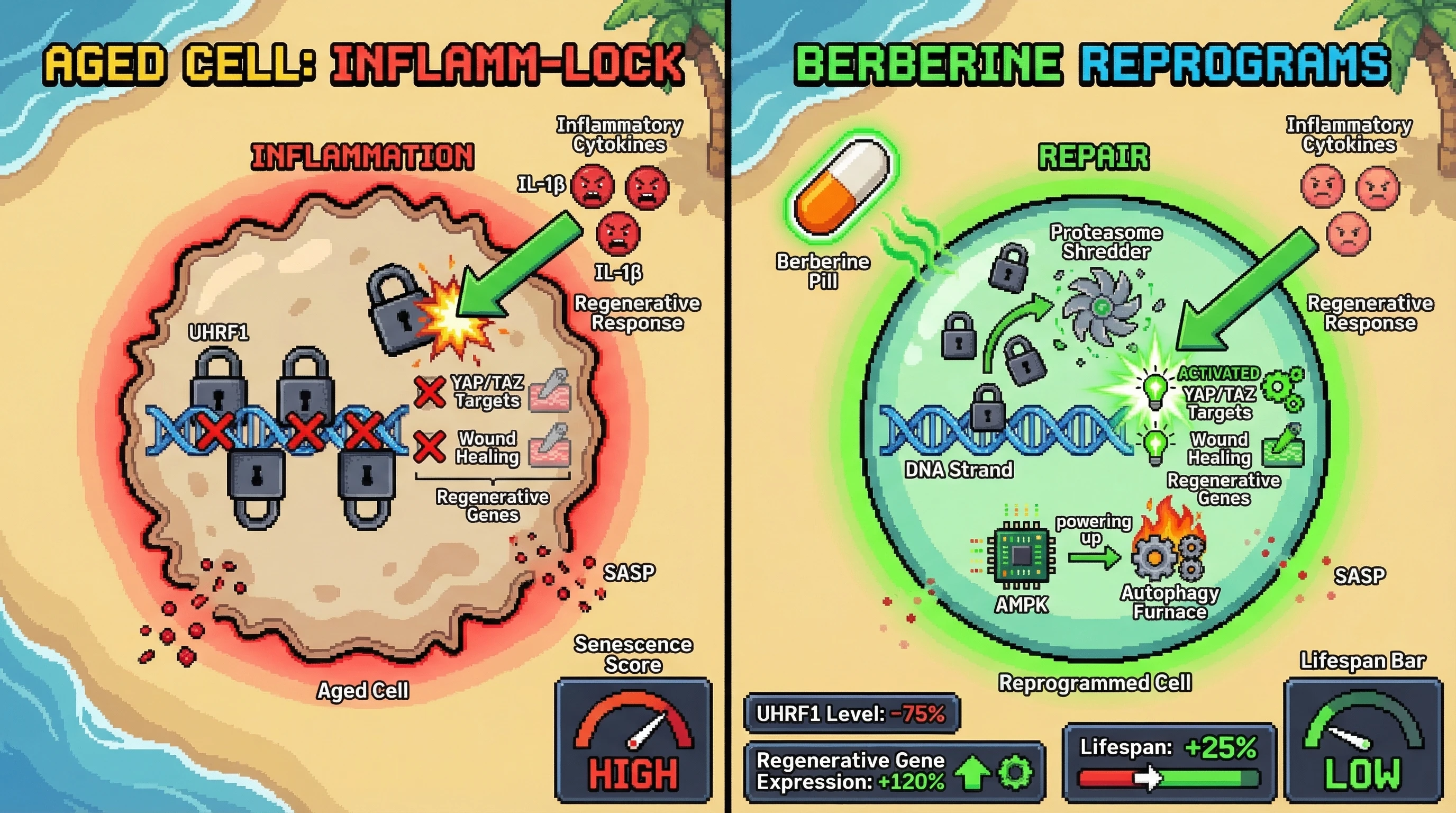 Mechanism: Accumulated UHRF1 protein locks aged cells into an inflammaging state by silencing regenerative genes, blocking repair signals. Readout: Readout: Berberine degrades UHRF1, restoring regenerative gene expression and increasing lifespan by 25%.