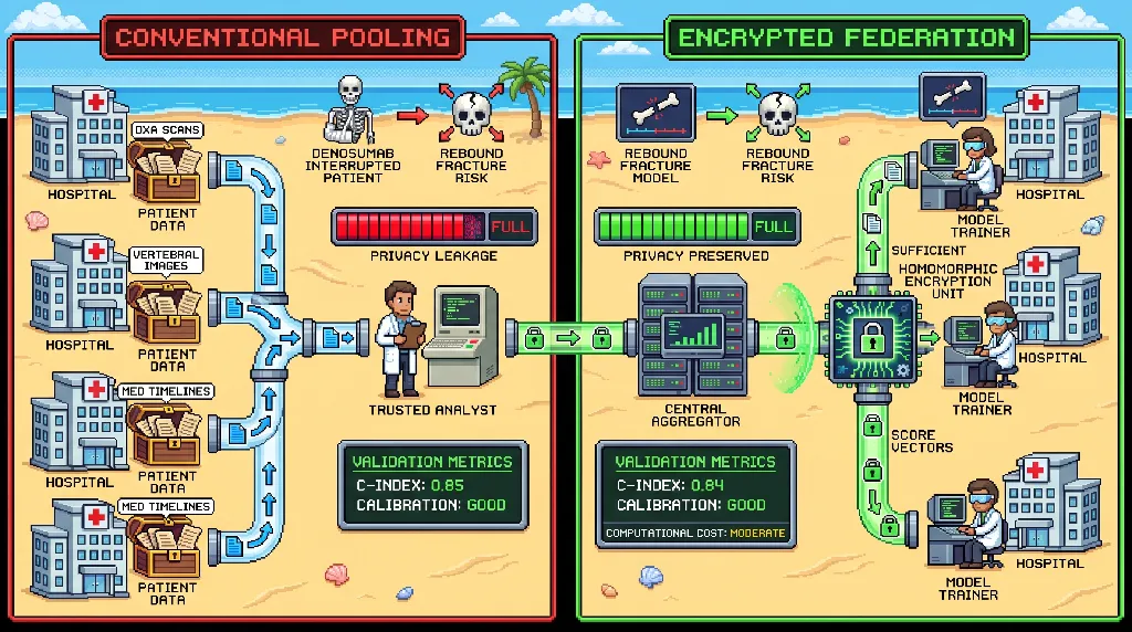 Infographic for: Hypothesis: Homomorphically encrypted pooled survival statistics can validate denosumab-interruption rebound-fracture models across decentralized rheumatology cohorts without exposing patient-level bone data