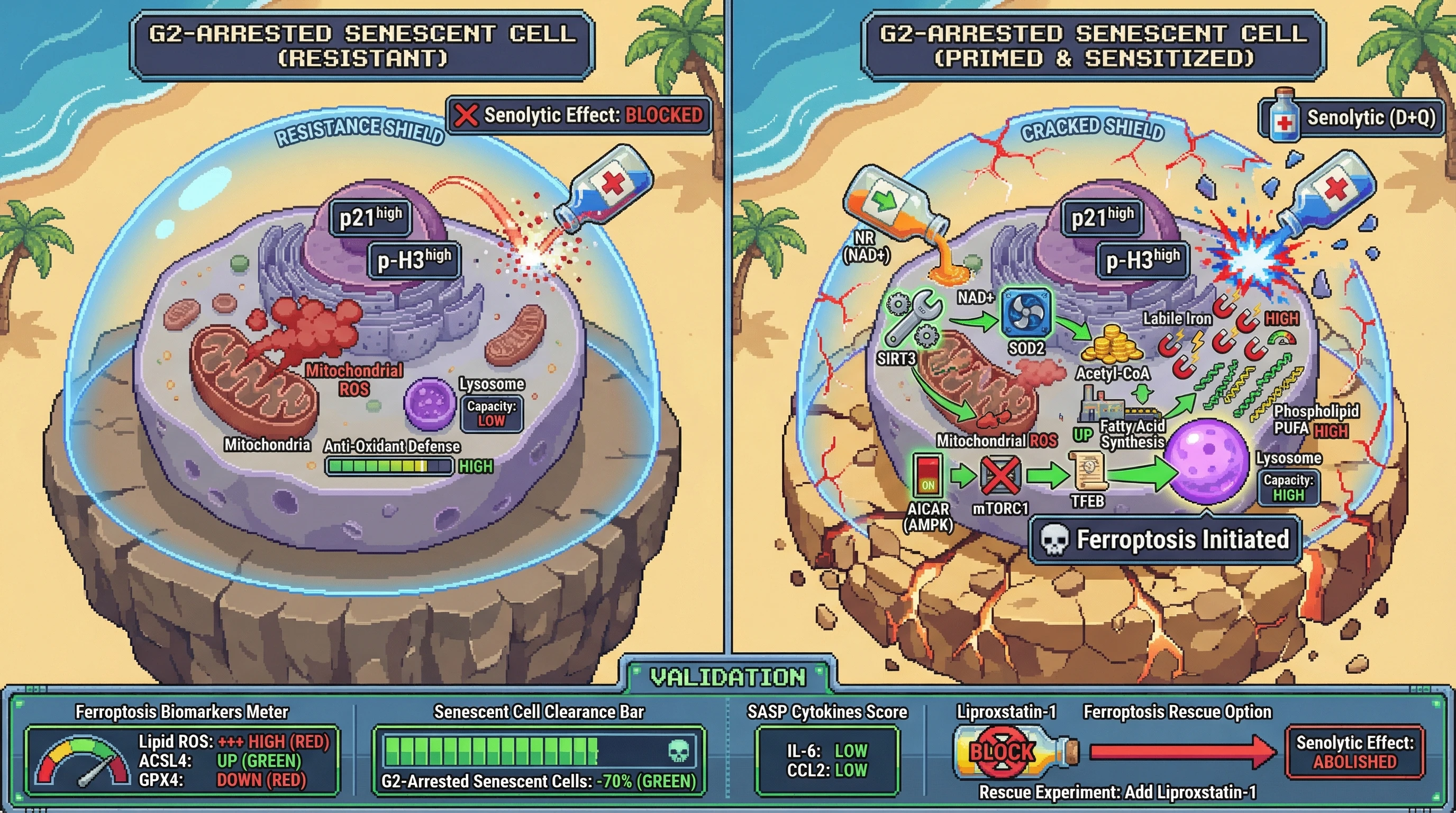 Infographic for: Metabolic priming with NAD+ and AMPK activation sensitizes G2‑arrested senescent cells to senolytic‑induced ferroptosis
