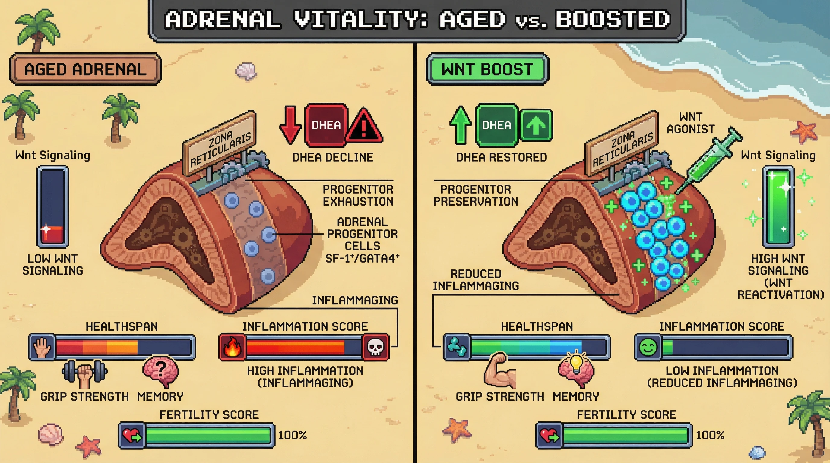 Mechanism: Declining Wnt signaling in aged adrenal glands exhausts progenitor cells, causing DHEA levels to fall and promoting inflammaging. Readout: Readout: Wnt activation in aged mice restores youthful progenitor density (70%), normalizes DHEA, reduces inflammatory markers (IL-6, TNF-α), and improves healthspan (grip strength, memory) without affecting fertility.
