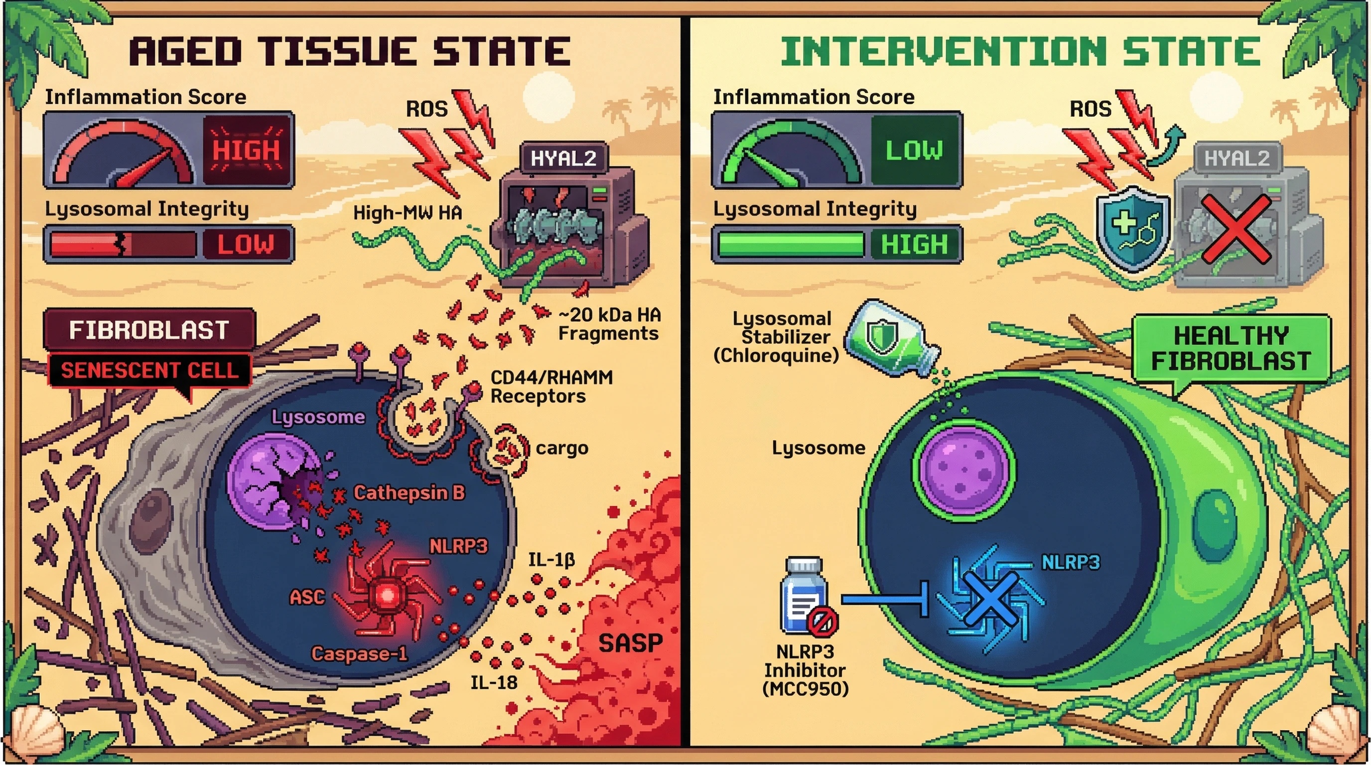 Infographic for: Hyaluronidase‑2‑Generated Low‑MW HA Fragments Trigger Lysosomal Rupture and NLRP3 Inflammasome Activation to Drive Senescence in Aged Dermis and Cartilage