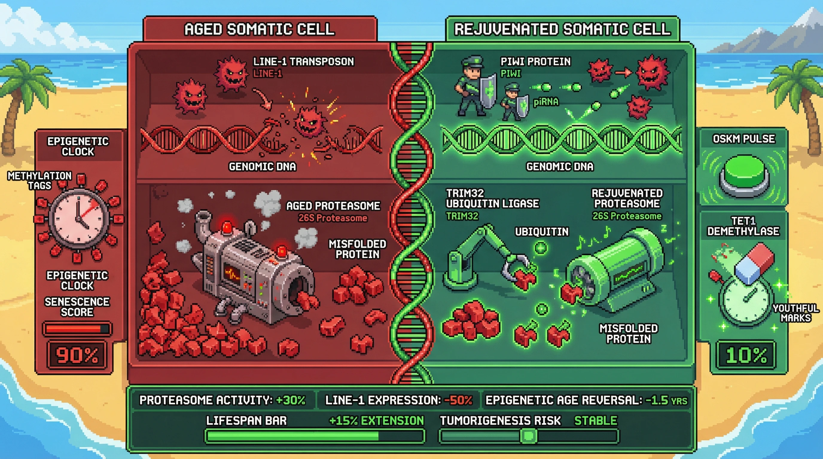 Infographic for: Germline‑Grade Proteasome Activation, piRNA‑Driven TE Silencing, and Pulsed OSKM Reprogramming as a Combined Somatic Rejuvenation Strategy