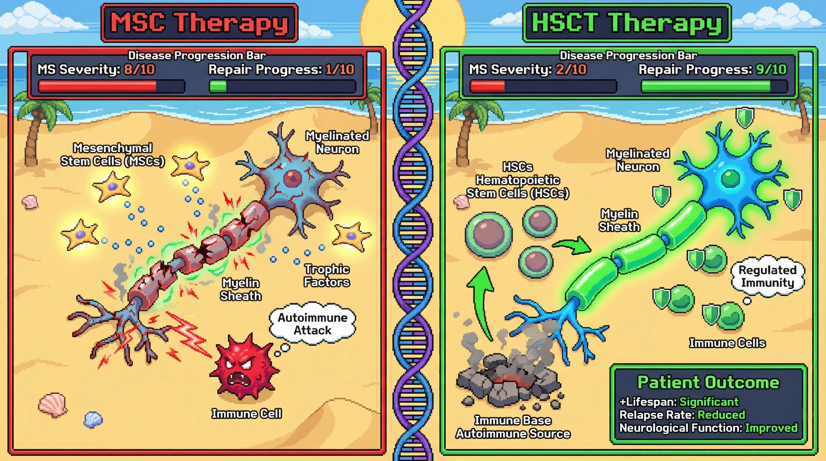This infographic contrasts two stem cell therapies for neurological disease: MSC therapy, which offers limited repair for aggressive MS by indirect trophic support, versus HSCT, which achieves significant success by replacing the defective immune system causing the disease.