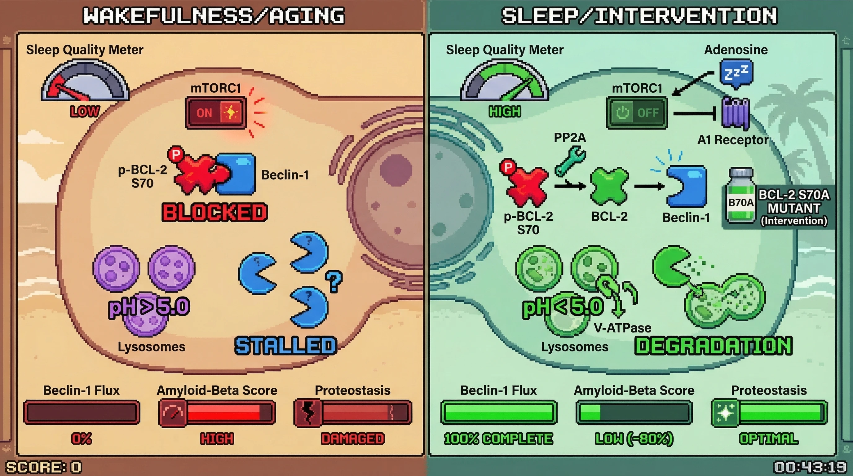 Infographic for: Sleep‑gated BCL‑2 phosphorylation controls Beclin‑1 release and lysosomal priming to execute nightly autophagic triage