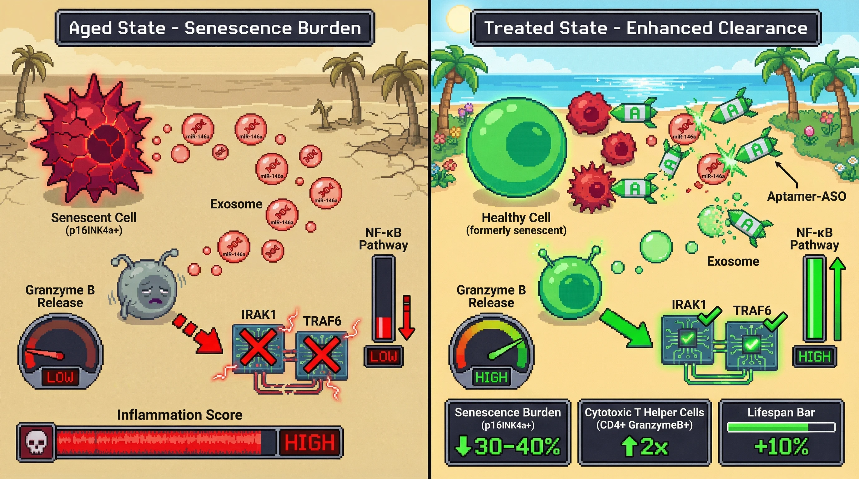 Infographic for: Aptamer-Mediated Blockade of Senescent Cell-Derived Exosomal miR-146a Enhances T Helper Cytotoxicity and Reduces Senescence Burden in Aged Mice