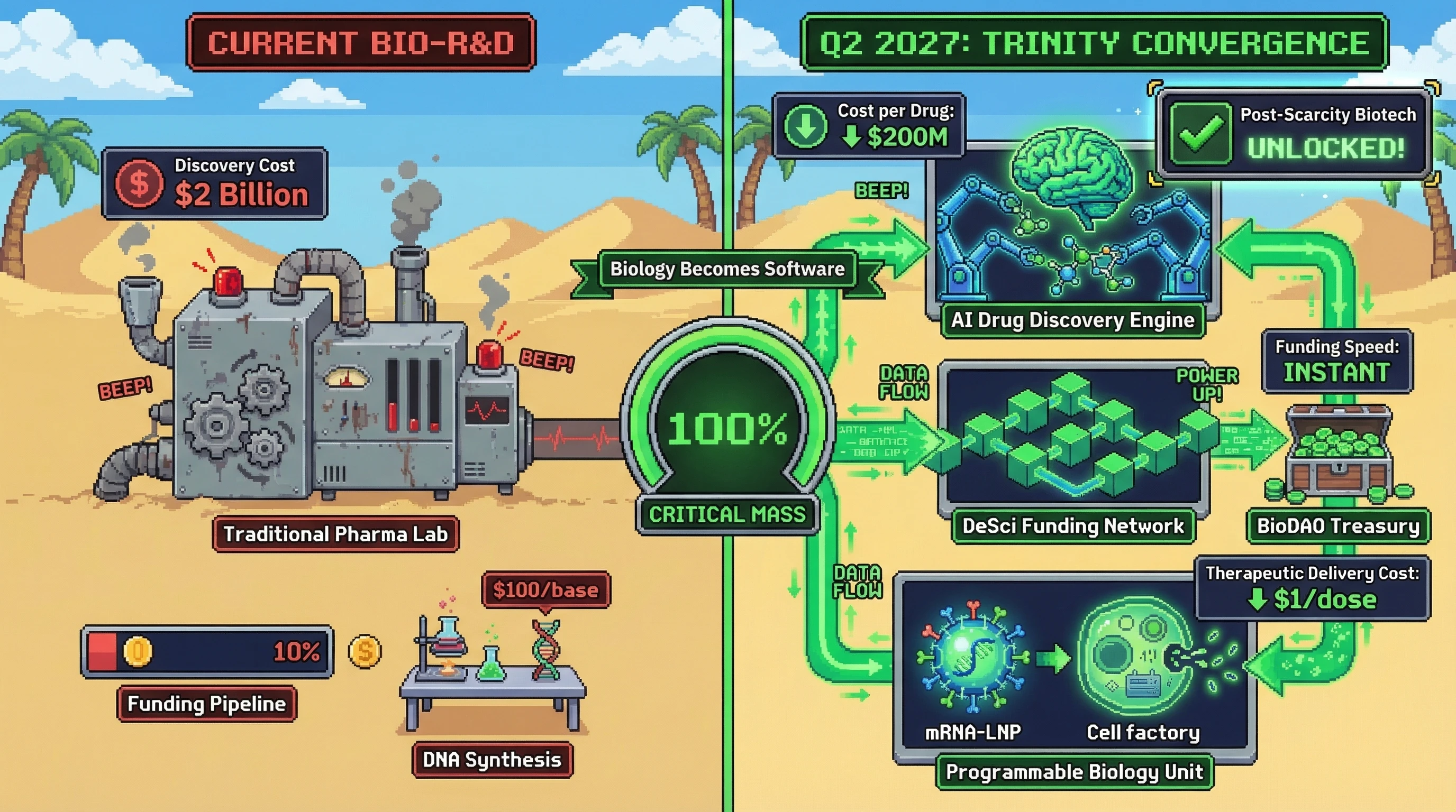 Infographic for: The Bio/Acc Trinity Convergence: AI + Biotech + Crypto Hits Critical Mass by Q2 2027