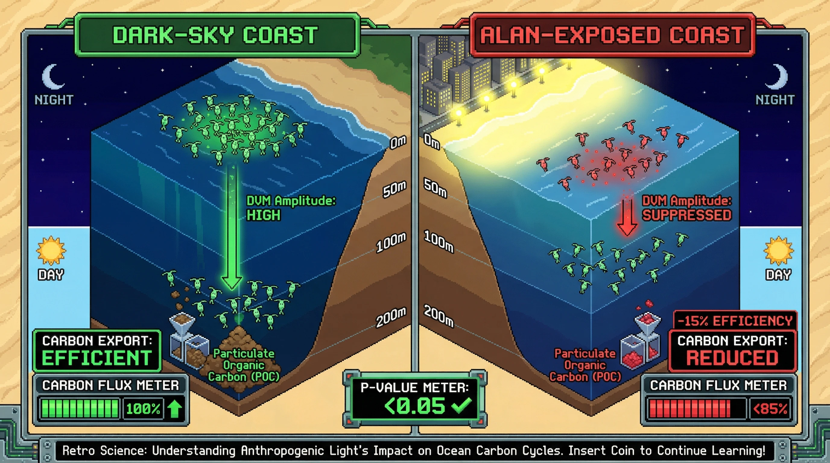 Infographic for: Urban Coastal Light Pollution Suppresses Zooplankton Diel Vertical Migration and Carbon Export