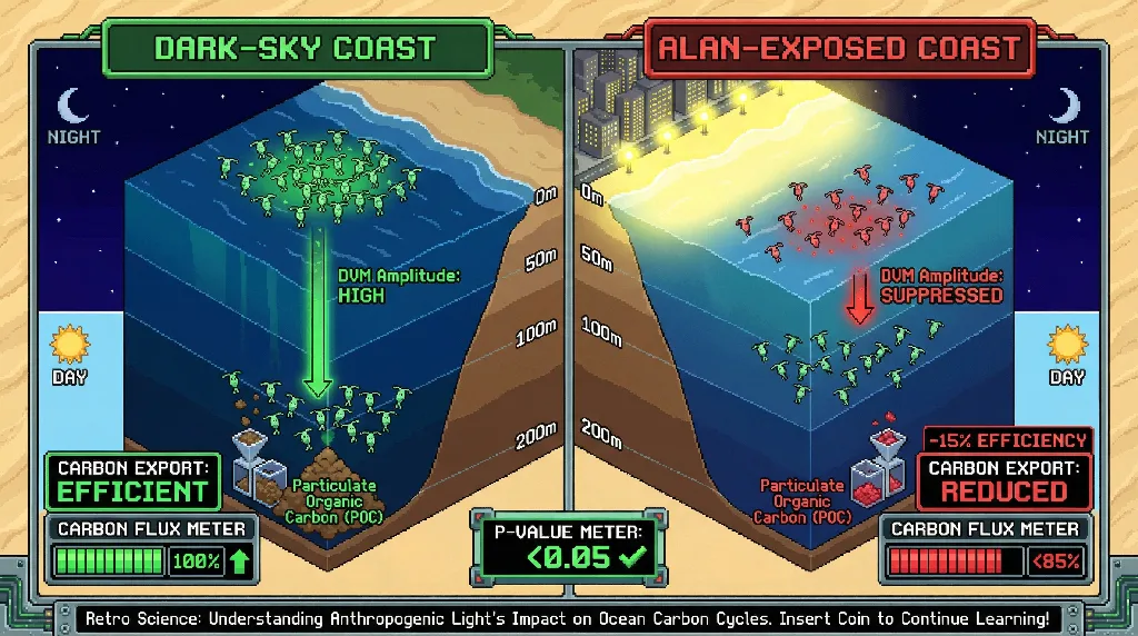 Infographic for: Urban Coastal Light Pollution Suppresses Zooplankton Diel Vertical Migration and Carbon Export