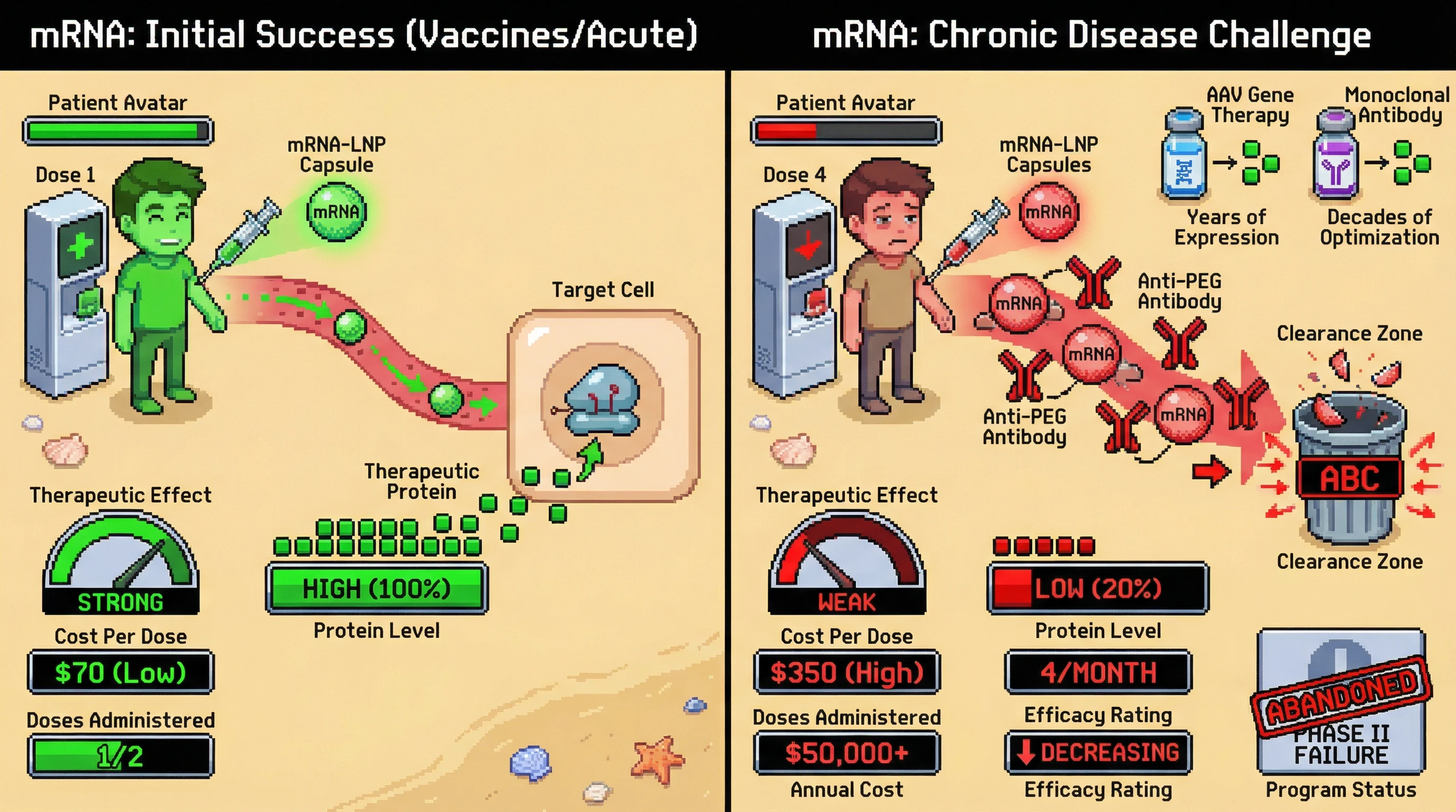 Mechanism: Initial mRNA-LNP doses lead to therapeutic protein production, but repeated chronic dosing triggers anti-PEG antibody formation and accelerated blood clearance. Readout: Readout: This significantly reduces protein expression and therapeutic efficacy, driving annual patient costs above $50,000 and leading to program abandonment.