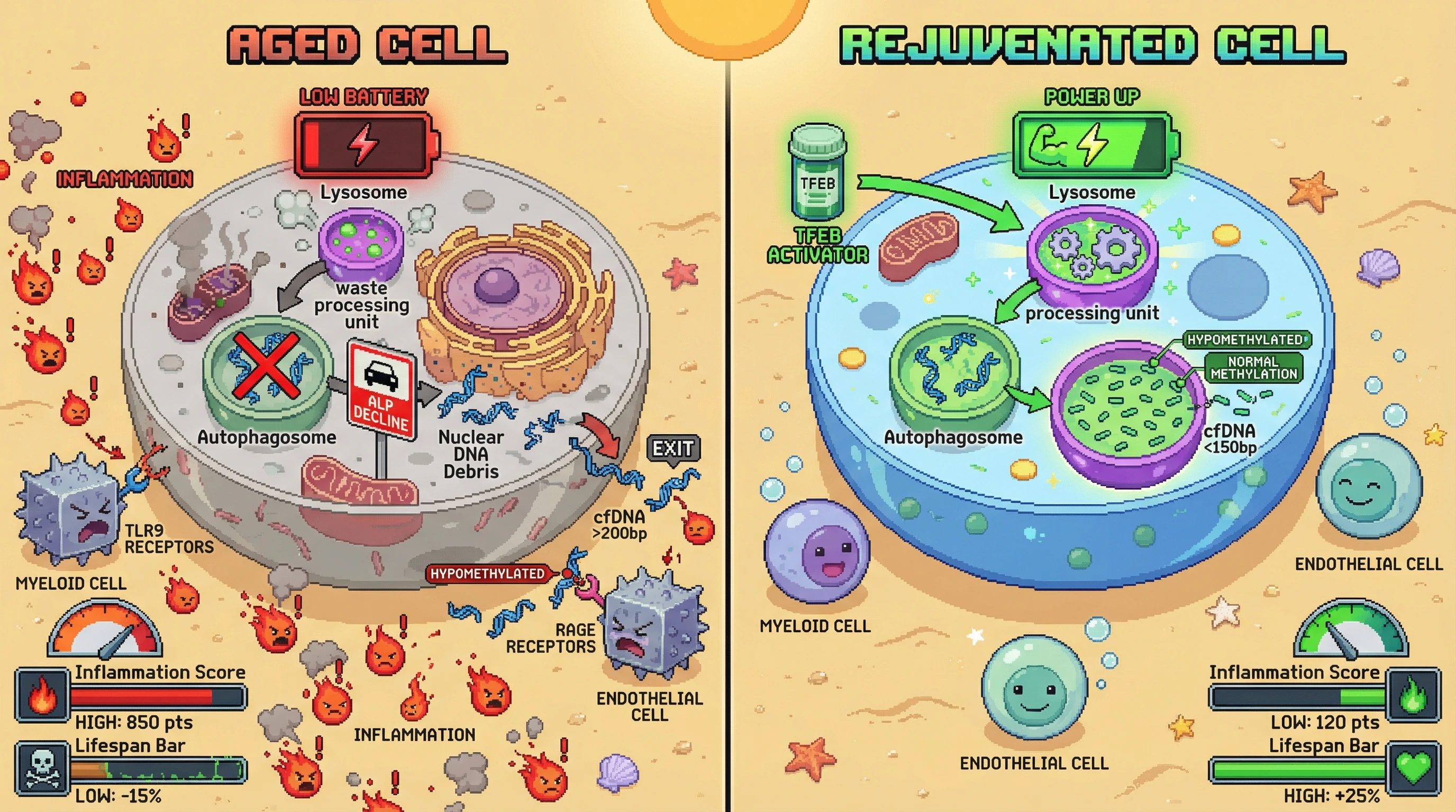 Infographic for: Impaired autophagy shifts cfDNA toward longer, hypomethylated fragments by blocking lysosomal degradation of nuclear DNA debris, thereby amplifying inflamm‑aging