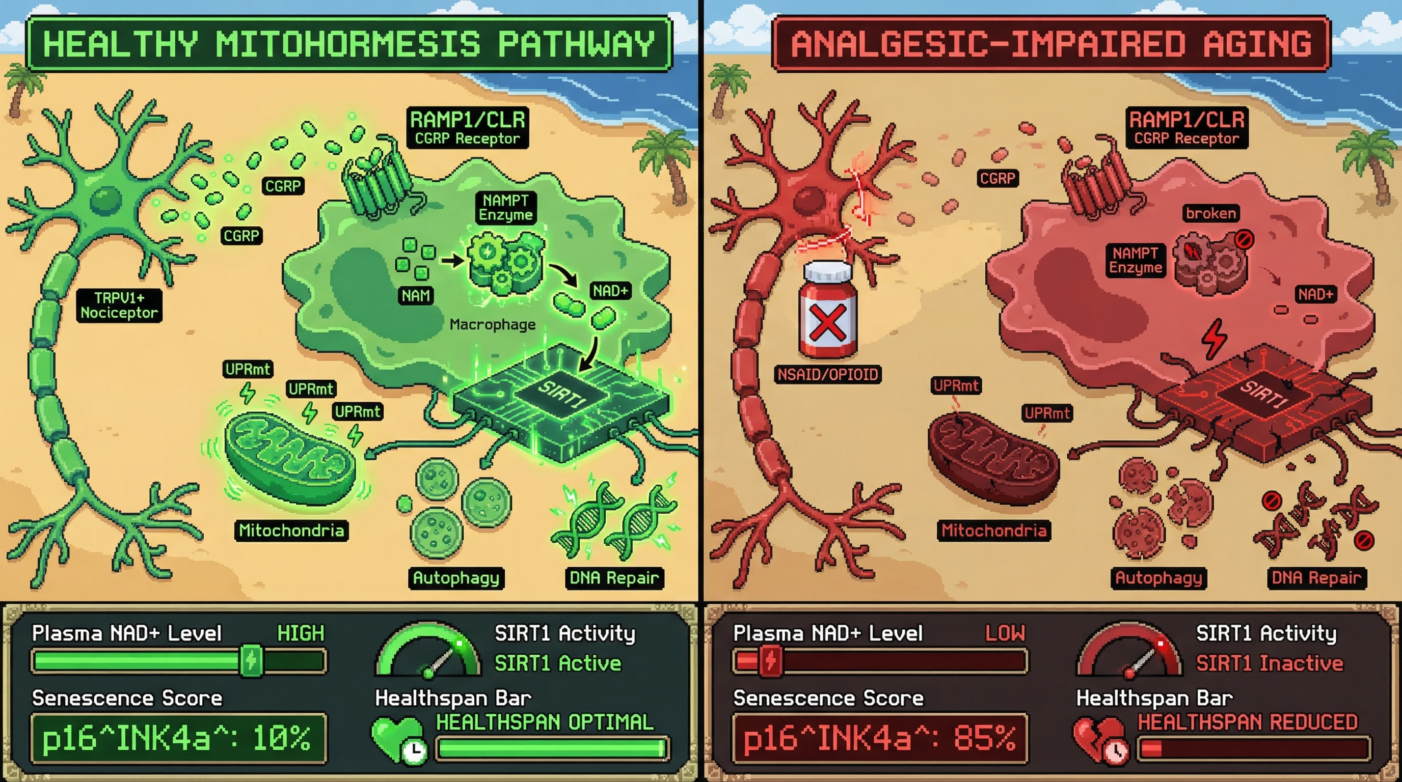 Infographic for: Chronic analgesic suppression of nociceptor‑derived CGRP lowers systemic NAD+ and blunts SIRT1‑mediated mitohormesis, accelerating cellular aging