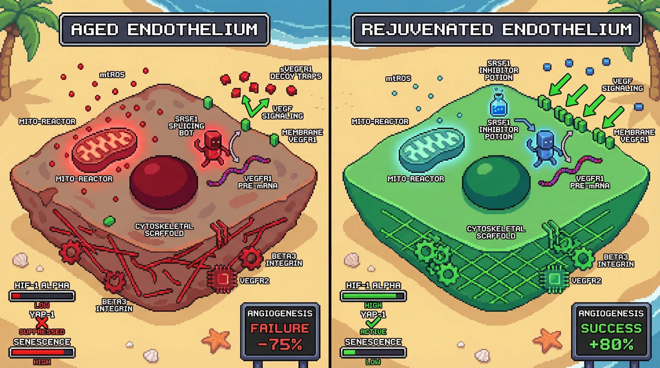 Infographic for: The Splicing-Senescence Feedback Loop: SRSF1-VEGFR1 Axis as a Target for Rejuvenating Angiogenic Plasticity