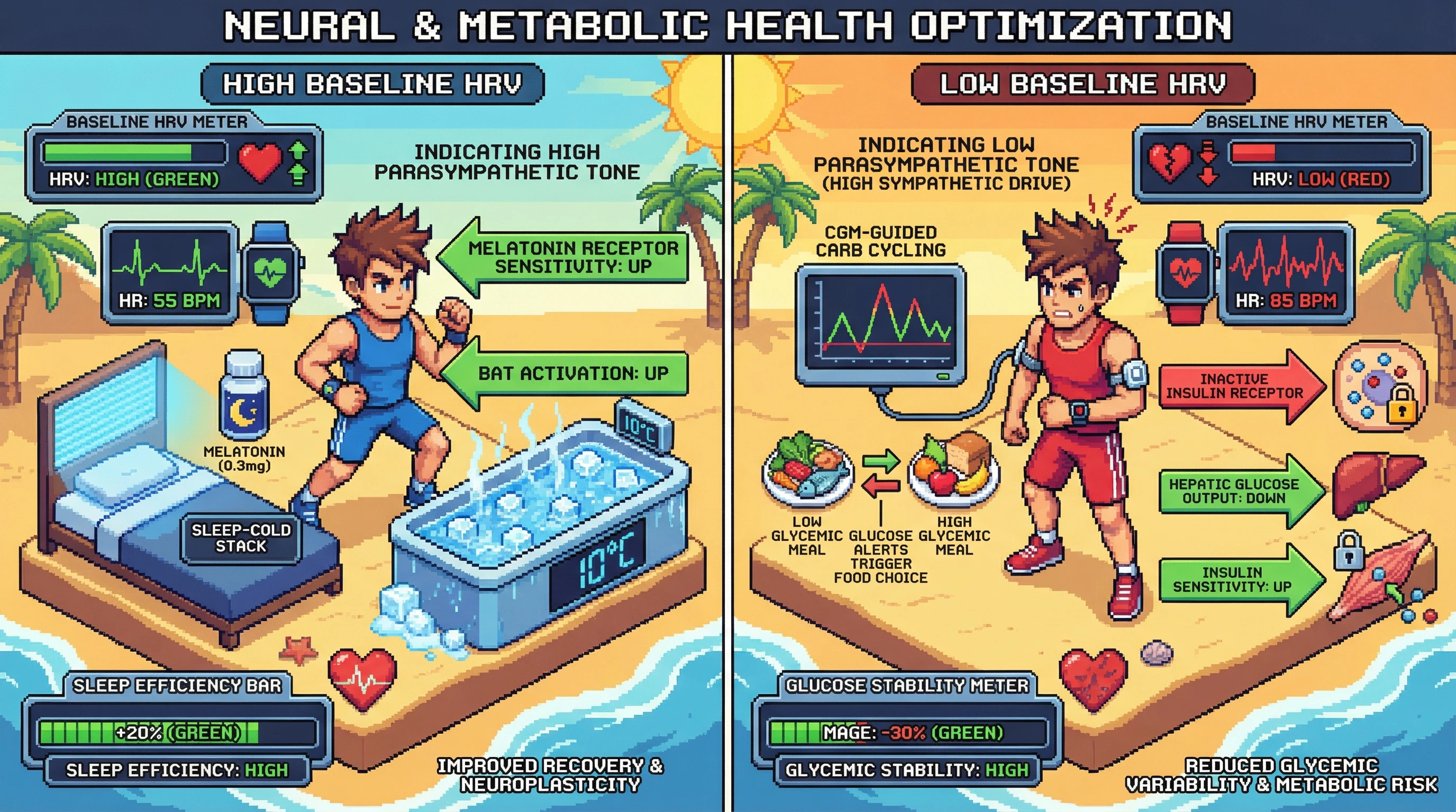 Mechanism: High baseline parasympathetic tone (HRV) enhances melatonin receptor sensitivity and brown adipose tissue activation, amplifying sleep-cold stack benefits. Readout: Low baseline parasympathetic tone, linked to high sympathetic drive, benefits from CGM-guided carb cycling to smooth glucose variability.