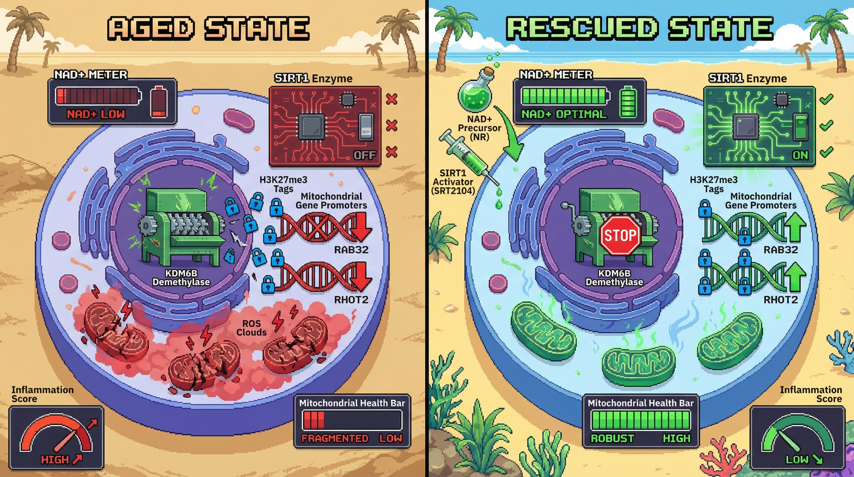 Infographic for: A NAD+-Sensitive Histone Demethylase as the Master Switch Coordinating Epigenetic Drift and Mitochondrial Dysfunction in Aging