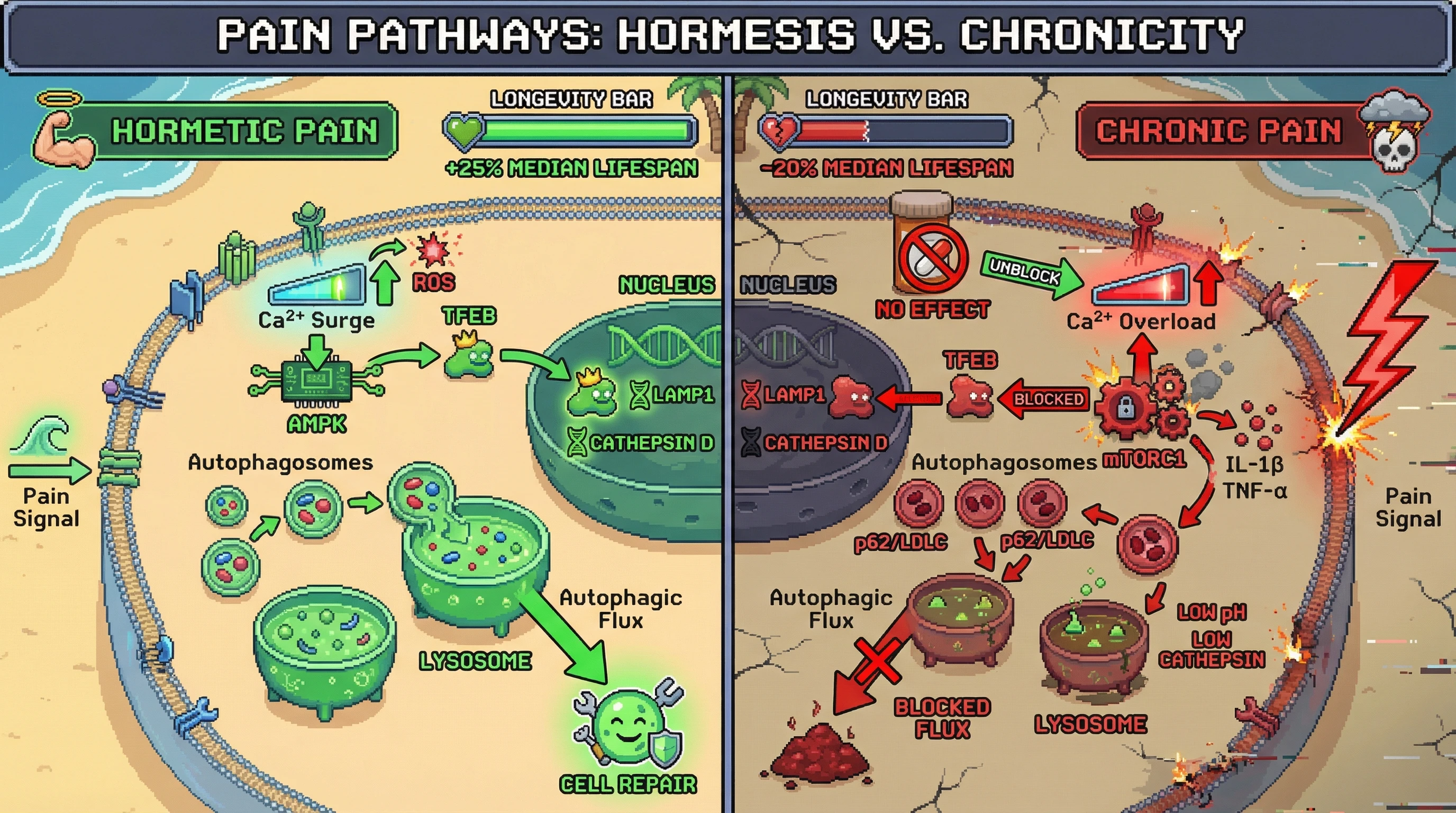 Infographic for: Intermittent low‑grade pain triggers hormetic autophagy via lysosomal priming, whereas chronic pain overwhelms this response