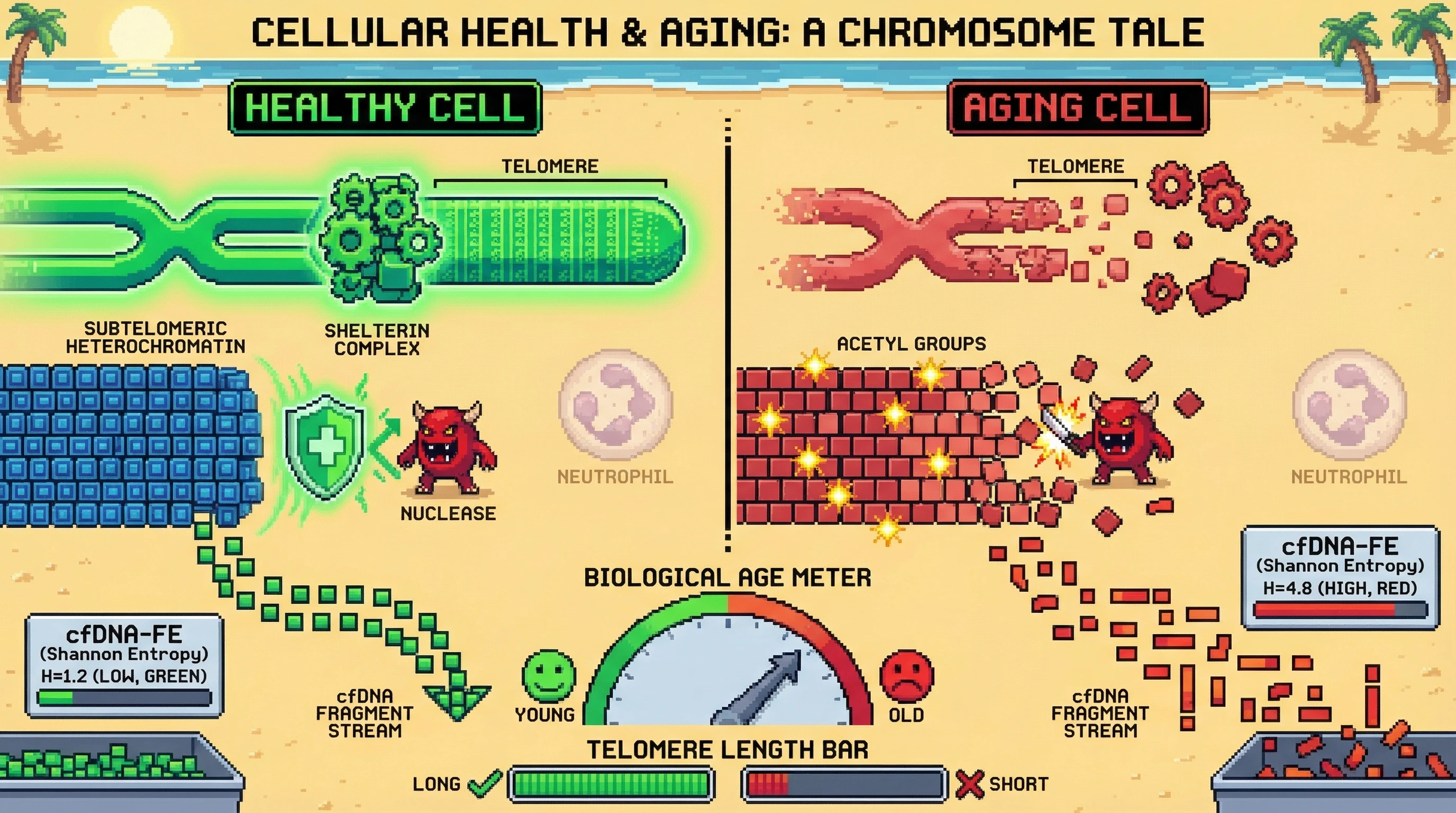 Mechanism: Telomere shortening leads to Shelterin complex loss and subtelomeric chromatin relaxation, increasing nuclease accessibility and cfDNA fragment length heterogeneity. Readout: Readout: This results in higher cfDNA-FE (Shannon entropy of cfDNA fragment length distribution), correlating with increased biological age and shorter telomere length.