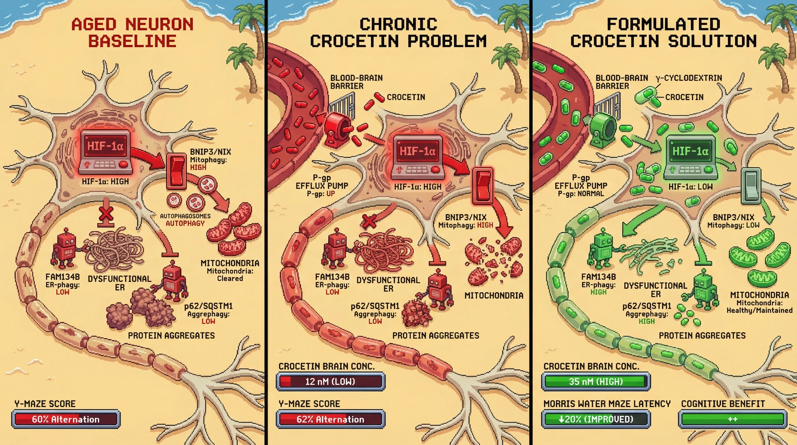Infographic for: Crocetin-Induced HIF-1α Suppression Rewires Autophagy Cargo Hierarchy in Aged Neurons, Reversed by P-gp Efflux