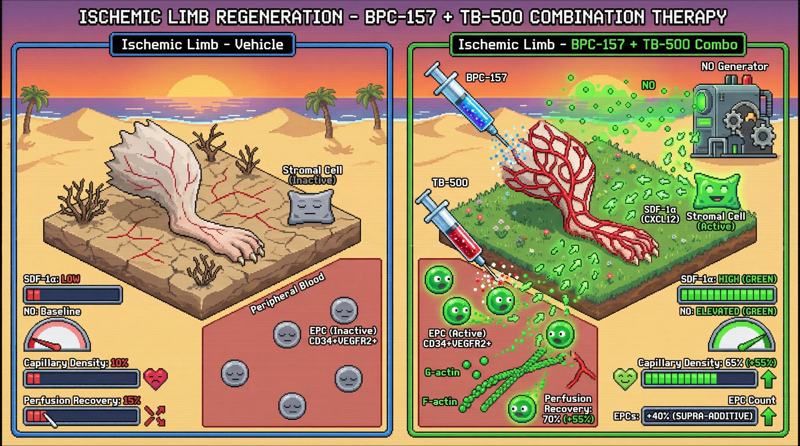 Mechanism: Combined BPC-157 and TB-500 synergistically boost nitric oxide (NO) and SDF-1α, enhancing endothelial progenitor cell (EPC) mobilization and integration into new vessels. Readout: Readout: This leads to significantly increased capillary density and perfusion recovery in ischemic tissue, with supra-additive EPC counts.