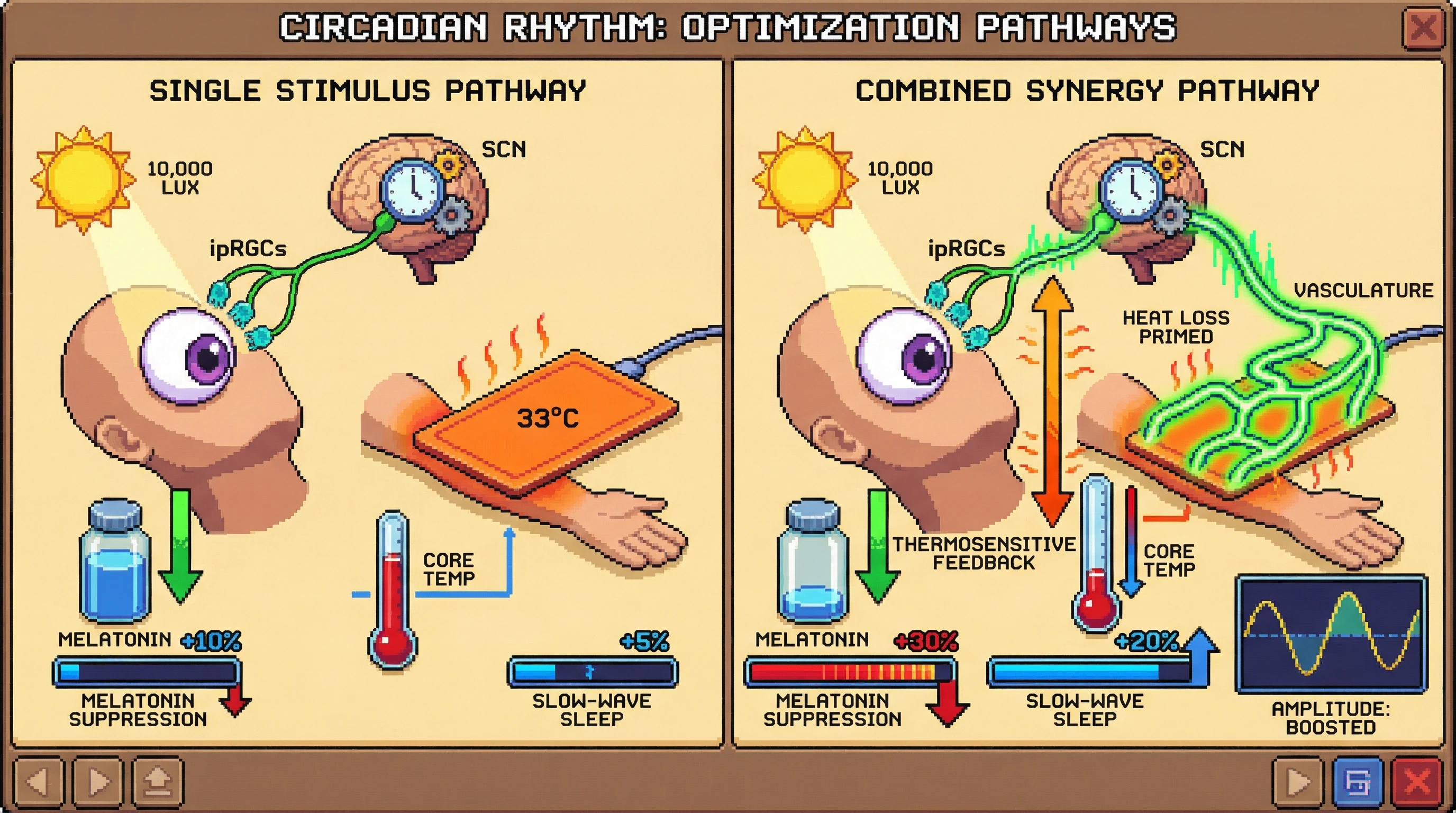 Mechanism: Morning light primes cutaneous vasculature for heat loss via SCN activation, synergizing with evening warming to induce a faster core temperature decline. Readout: Readout: This combined effect leads to greater melatonin suppression, a deeper core body temperature nadir, and increased slow-wave sleep percentage.