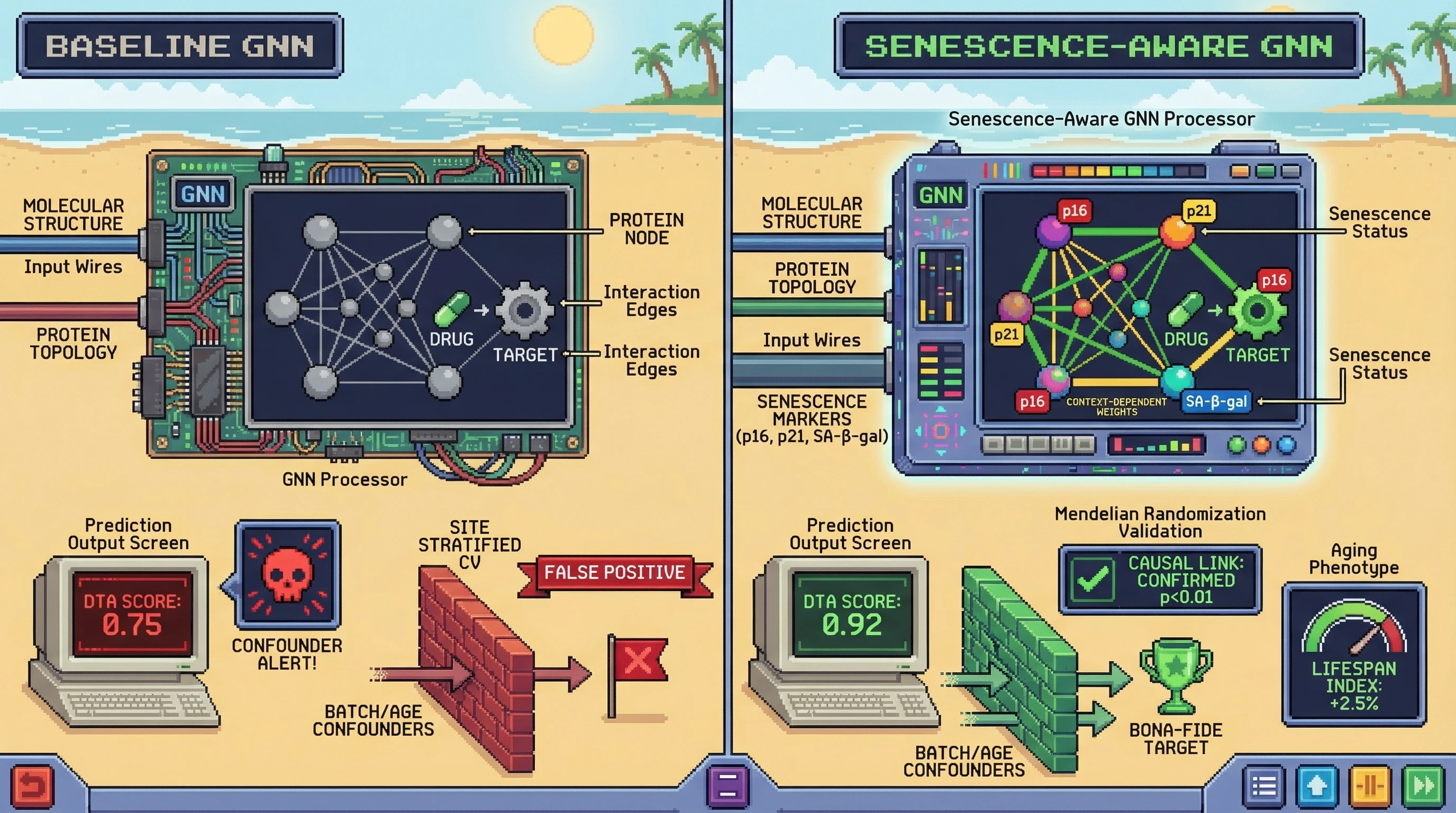 Infographic for: SenGNN: Senescence‑Aware Graph Neural Networks with Site‑Stratified CV and Mendelian Randomization to Reveal Confounder‑Free Aging Drug Targets