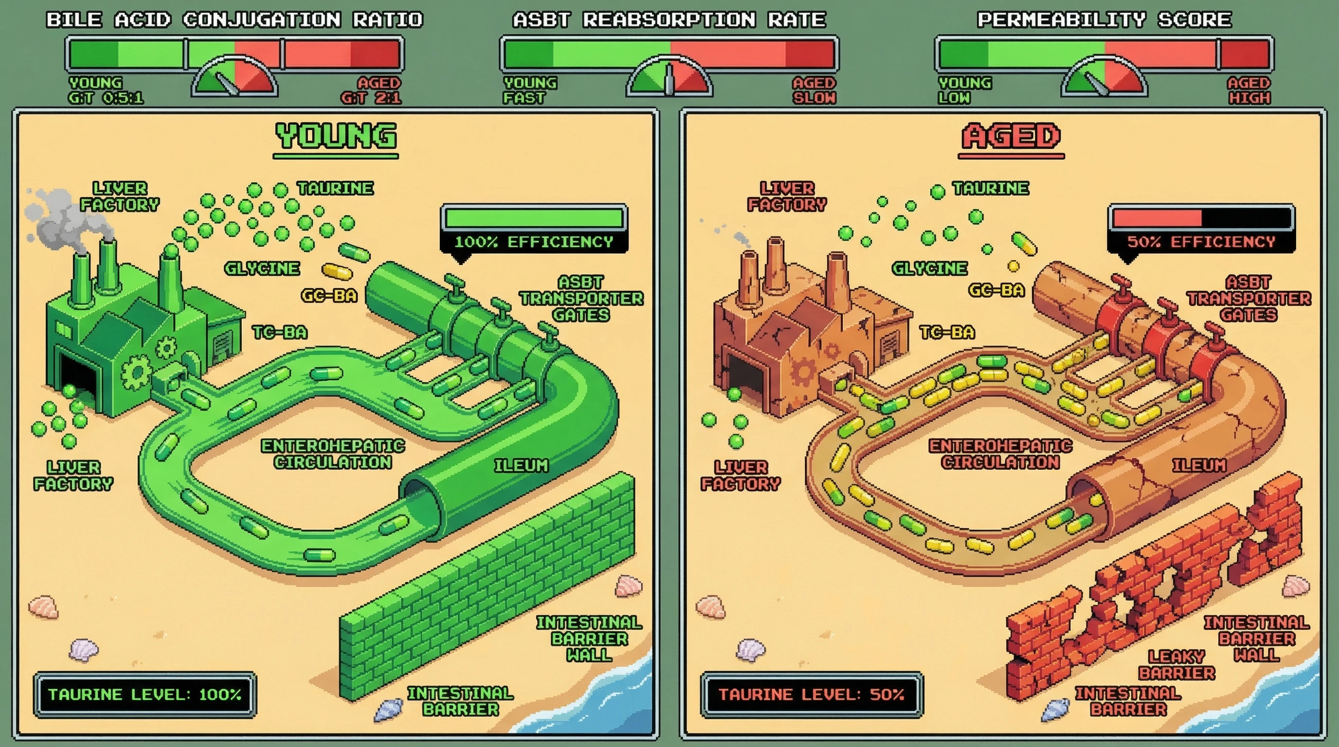 Infographic for: Age-Related Taurine Depletion Shifts Bile Acid Conjugation Toward Glycine-Dominant Forms, Reducing Ileal ASBT Transport Efficiency and Contributing to Enterohepatic Circulation Dysfunction