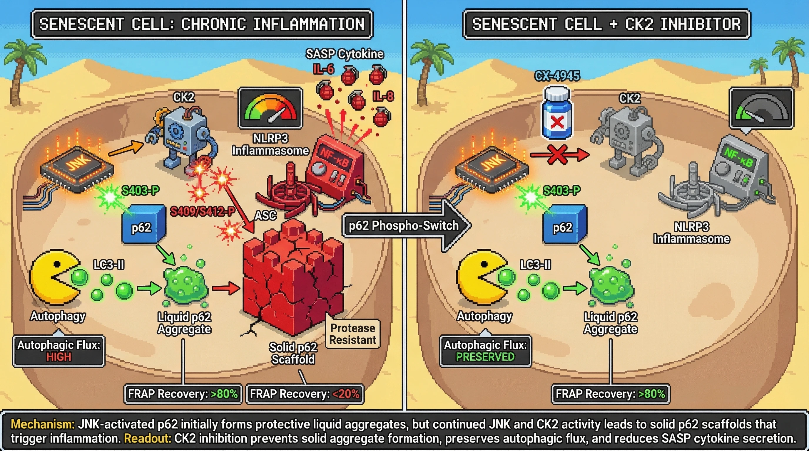 Infographic for: CK2-mediated conversion of JNK-driven p62 aggregates from protective liquid phases to pathogenic solid scaffolds dictates senescence-associated inflammation