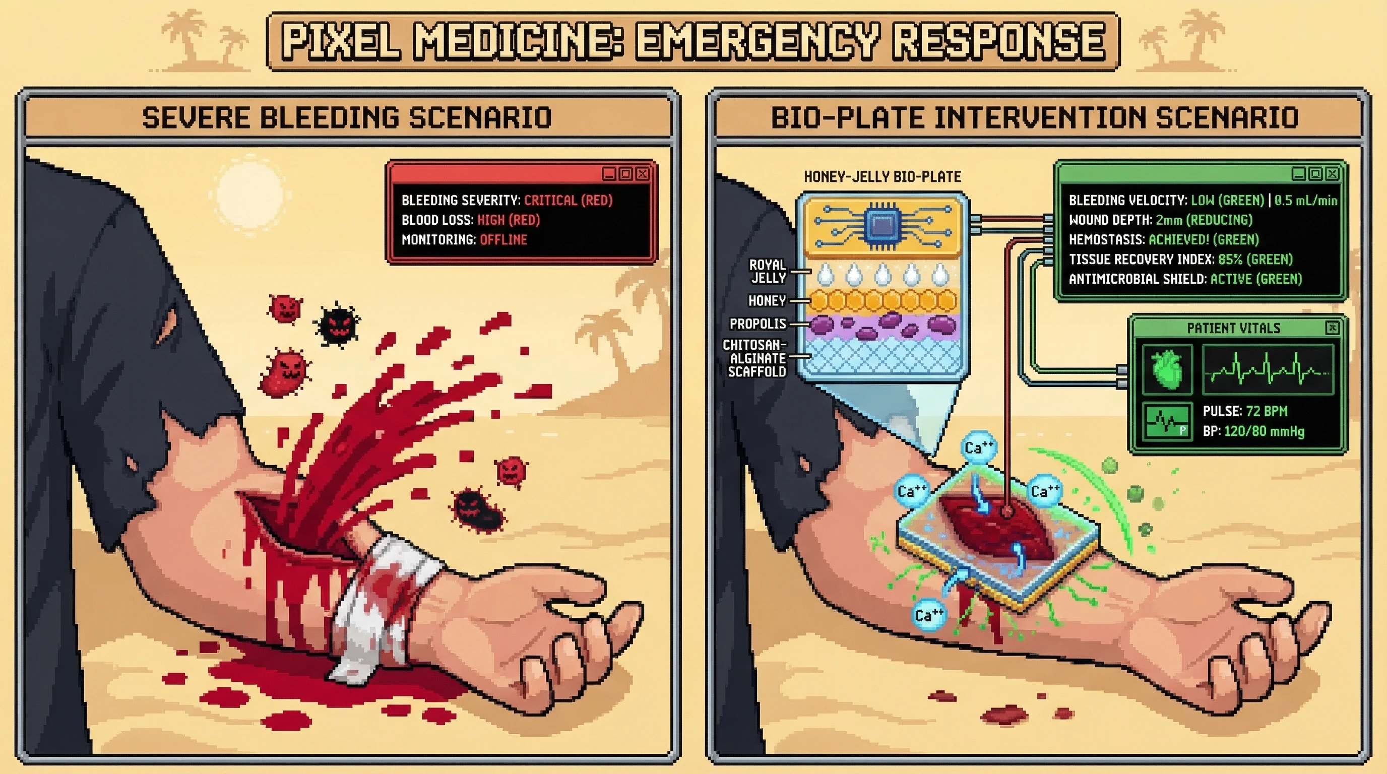 Mechanism: A smart honey-jelly bio-plate integrates natural bee compounds and a microchip to actively stop bleeding and promote healing. Readout: Readout: The microchip provides real-time data, showing reduced bleeding velocity, active hemostasis, and an 85% tissue recovery index.