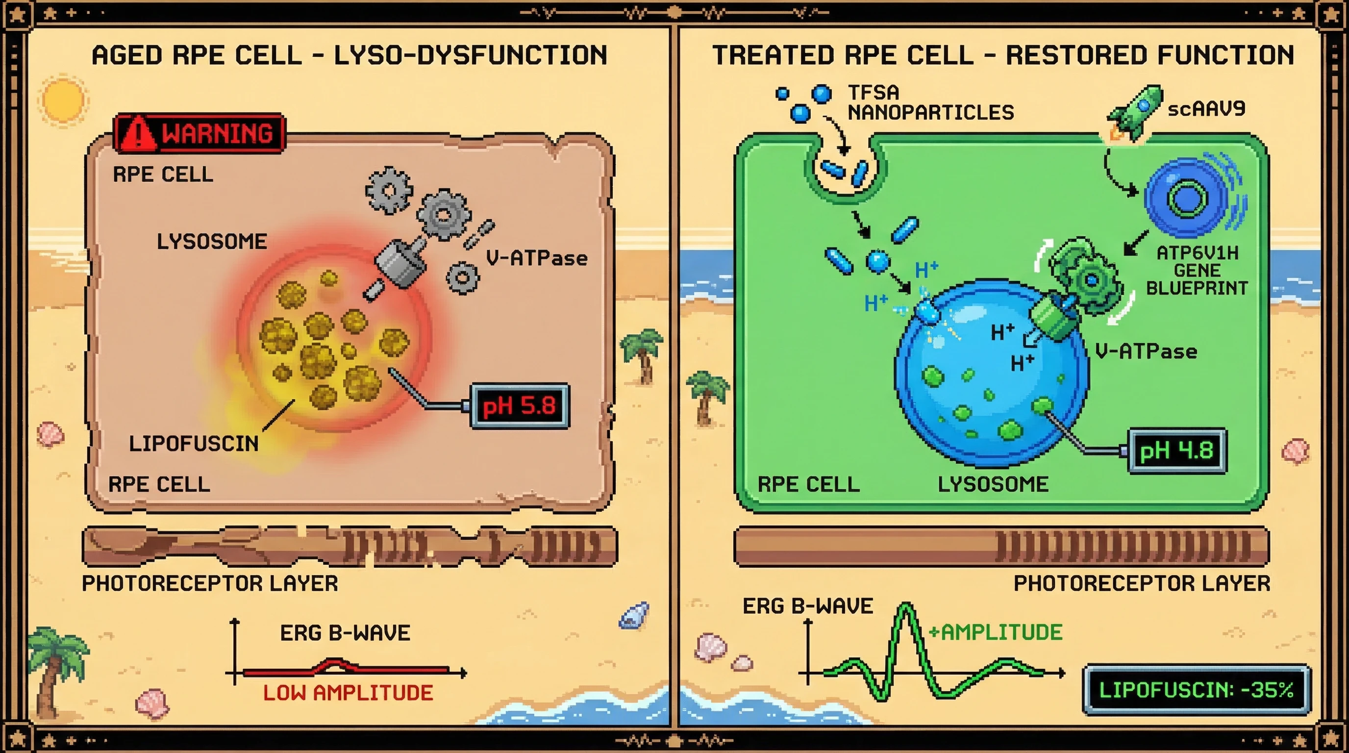 Mechanism: Systemic TFSA nanoparticles acutely re-acidify RPE lysosomes, followed by scAAV9-ATP6V1H gene therapy to durably restore V-ATPase function. Readout: Readout: Lysosomal pH shifts from 5.8 to 4.8, lipofuscin decreases by 35%, and ERG b-wave amplitude is maintained.