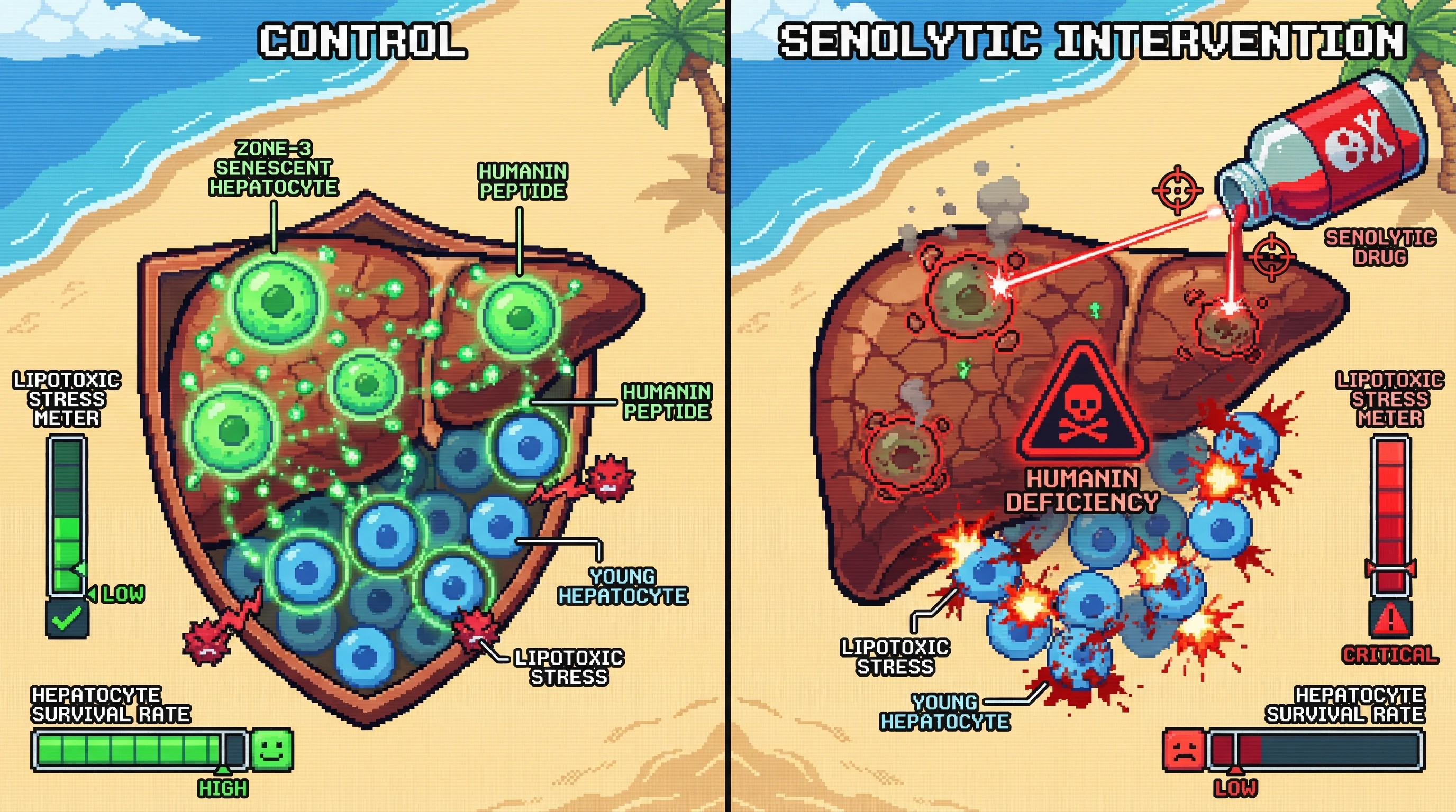 Infographic for: Zone‑3 senescent hepatocytes act as mitochondrial‑peptide chaperones that restrain lipotoxic stress, and their indiscriminate removal unmasks a hidden dependence on senescent‑derived humanin for hepatocyte survival