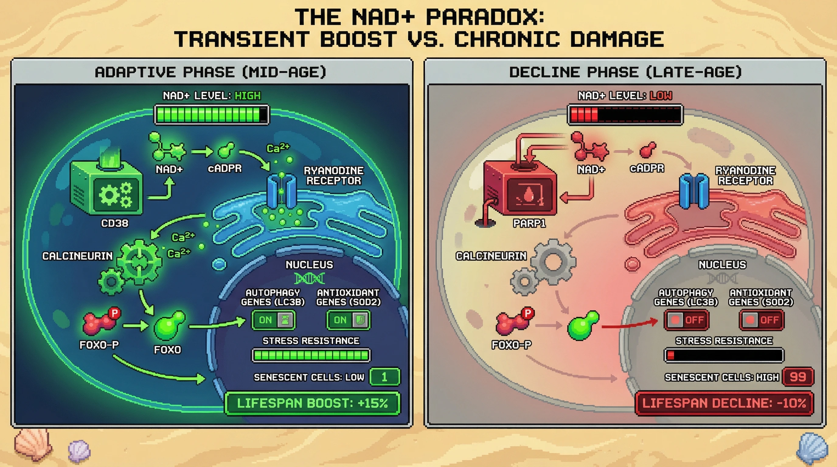 Mechanism: Early NAD+ decline activates CD38 to produce cADPR, triggering Ca2+-FOXO signaling for temporary stress resistance. Readout: Readout: This adaptive phase shows increased autophagy and antioxidant genes, leading to a transient lifespan boost before chronic NAD+ depletion overwhelms the system.