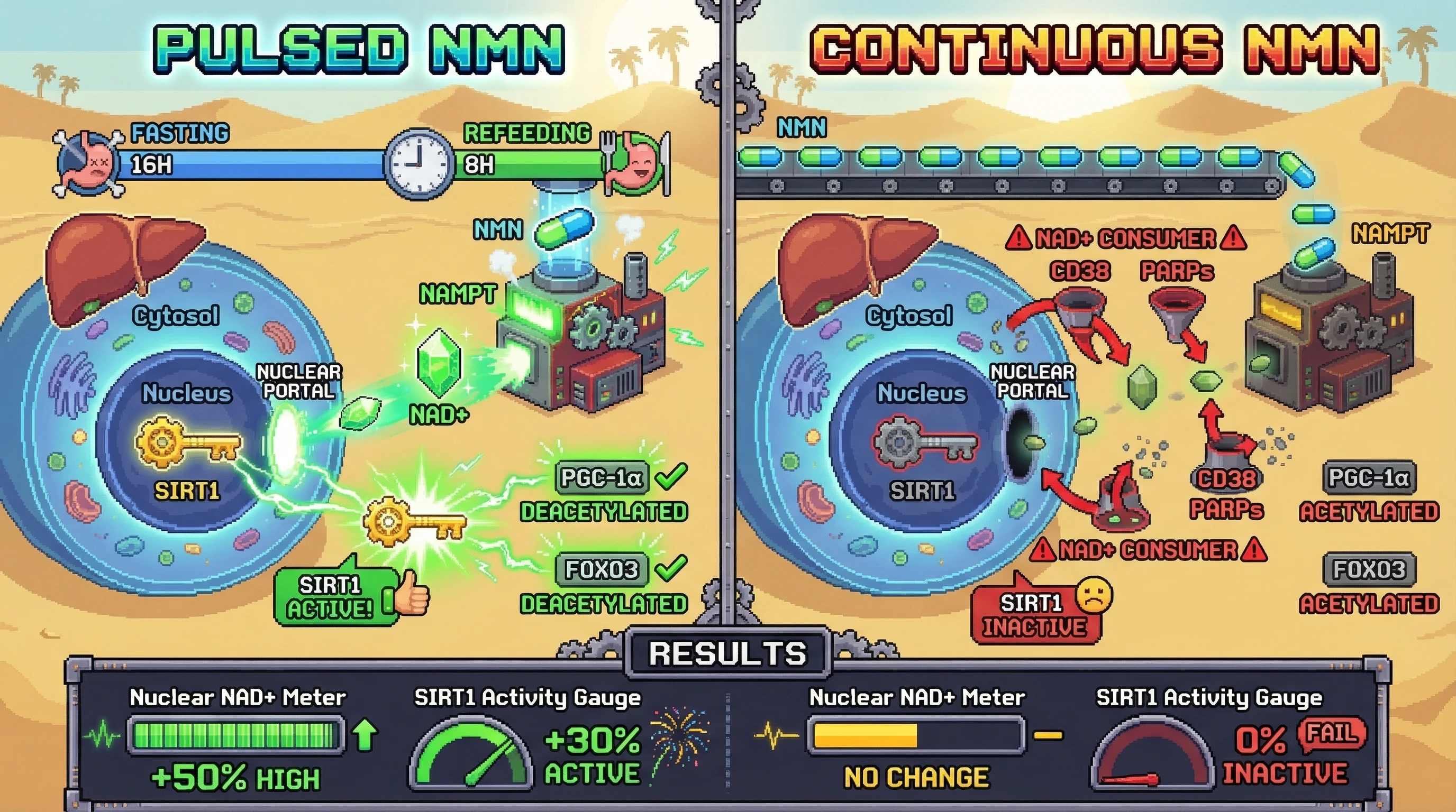 Mechanism: Pulsed NMN administration during refeeding after a fast drives hepatic NAMPT activity to selectively increase nuclear NAD+ and activate SIRT1. Readout: Readout: This results in significantly higher nuclear NAD+ levels and a greater than 30% increase in SIRT1 activity compared to continuous NMN dosing.