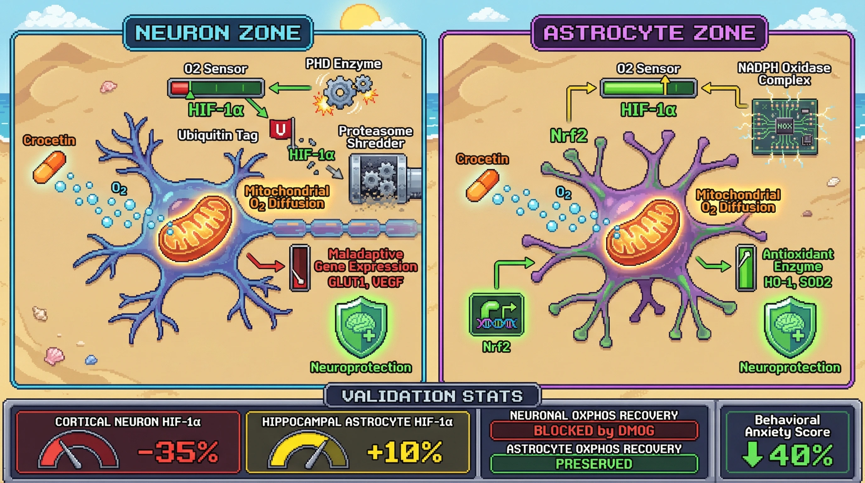 Infographic for: Crocetin differentially regulates HIF-1α stability across brain cell types to link mitochondrial oxygen diffusion with region-specific neuroprotection