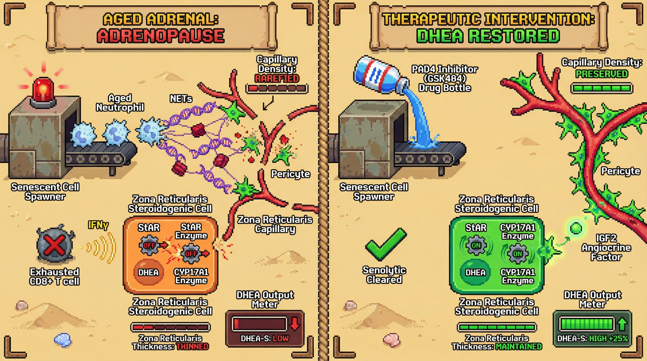 Infographic for: Senescent Immune Cells Drive Adrenal Zona Reticularis Vascular Rarefaction and DHEA Decline via NET-mediated Pericyte Loss