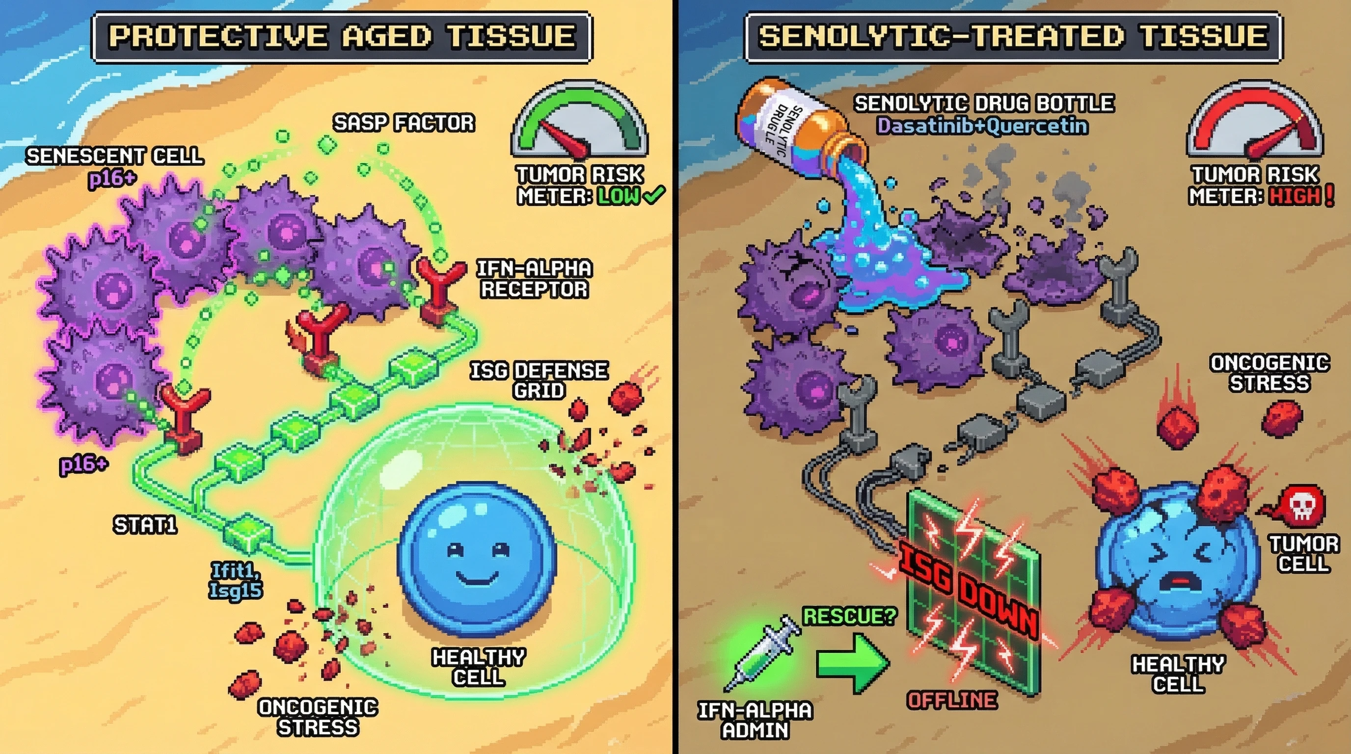 Mechanism: Senolytics clear senescent cells that normally secrete SASP factors, which maintain a protective interferon-stimulated gene (ISG) network via STAT1. Readout: Readout: Loss of this ISG defense increases vulnerability to oncogenic stress, leading to a higher tumor risk.