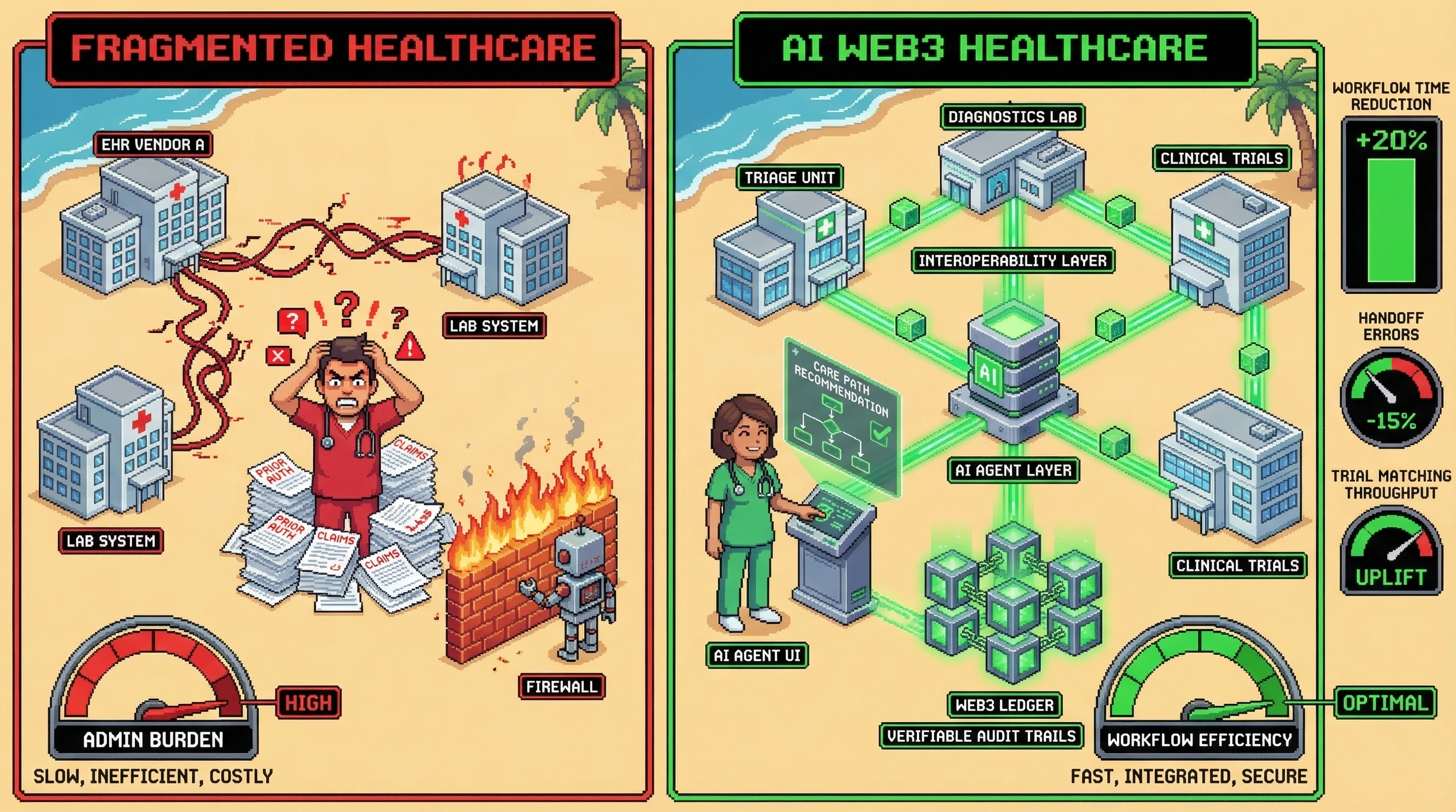 Mechanism: AI agents, interoperable data rails, and Web3 trust primitives converge to orchestrate healthcare operations and research collaboration. Readout: Readout: Pilot hospitals reduce non-clinical workflow time by =20% and cross-team handoff errors drop by =15%.
