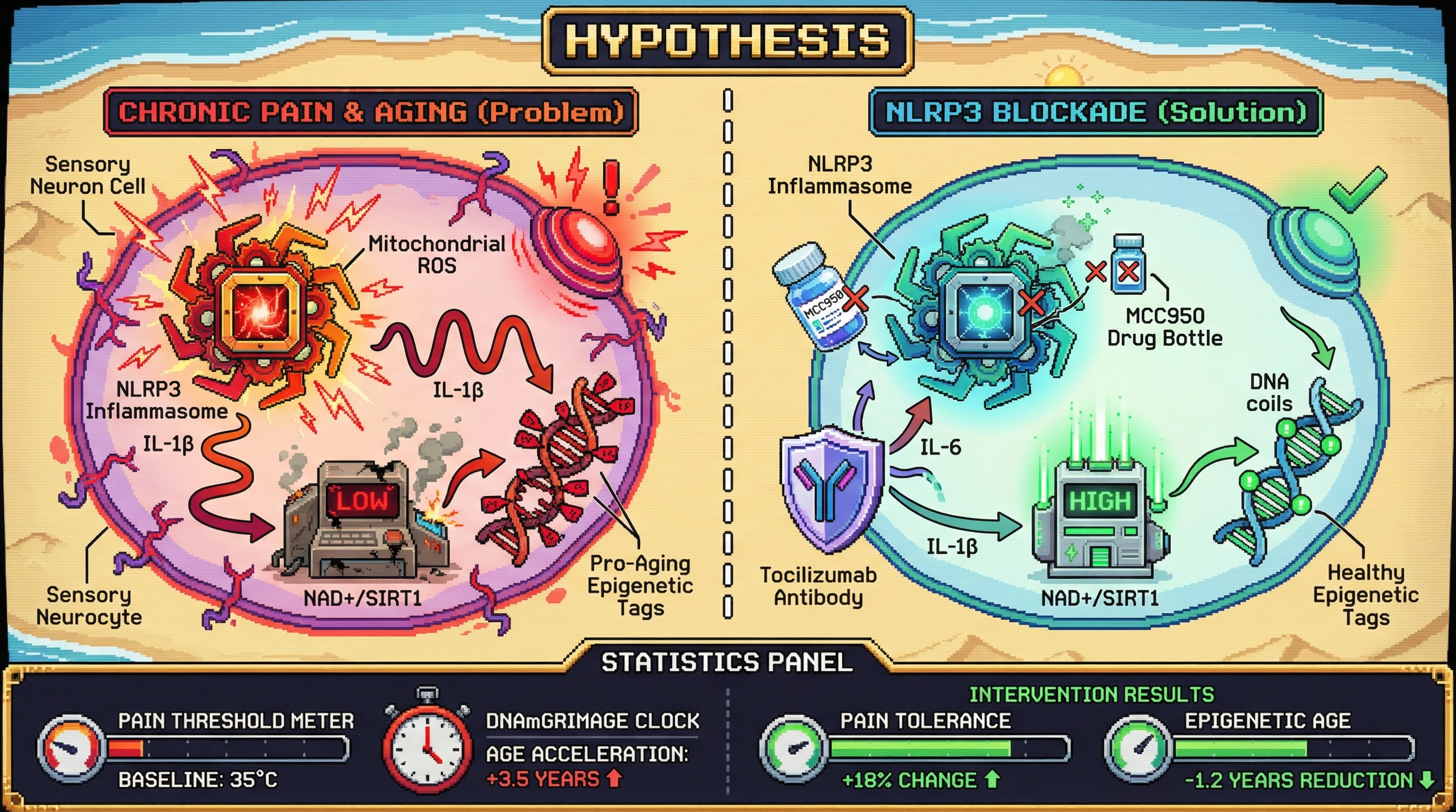 Infographic for: NLRP3 inflammasome inhibition improves pain tolerance and reverses epigenetic aging biomarkers in humans