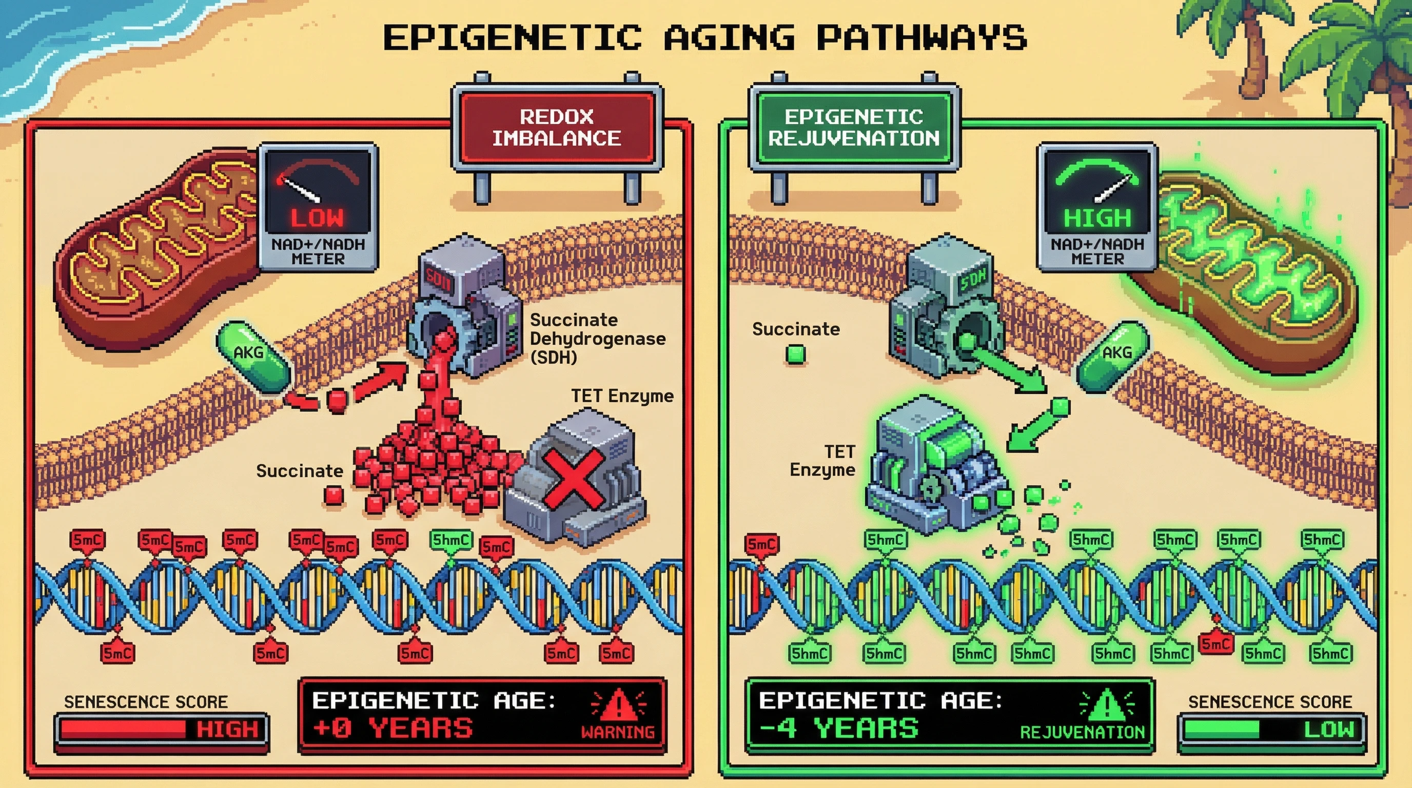 Infographic for: Mitochondrial Redox State Gates AKG‑Driven TET Activity and Epigenetic Rejuvenation