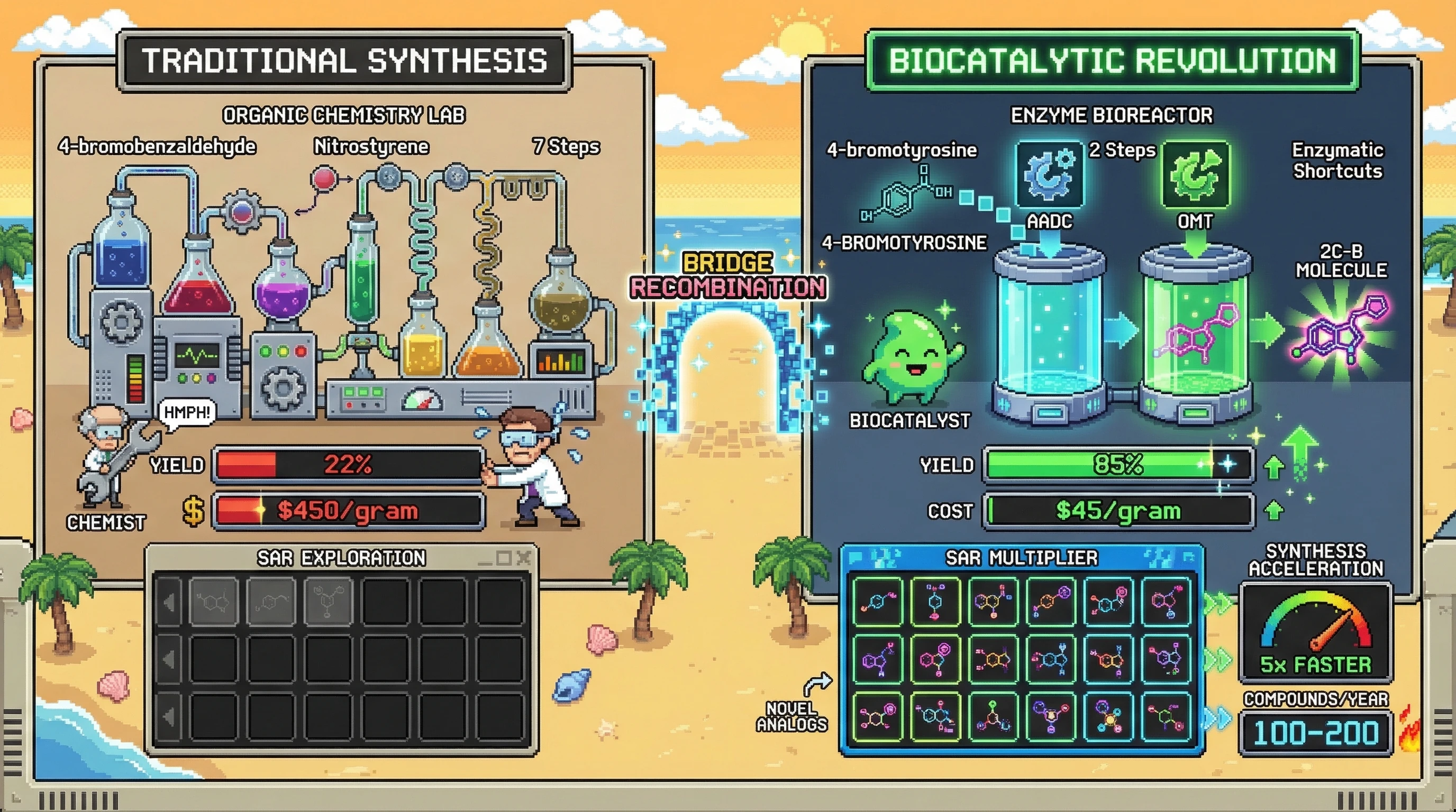 Infographic for: The Bridge Recombination Revolution: Why Psychedelic Synthesis Needs Biocatalytic Shortcuts