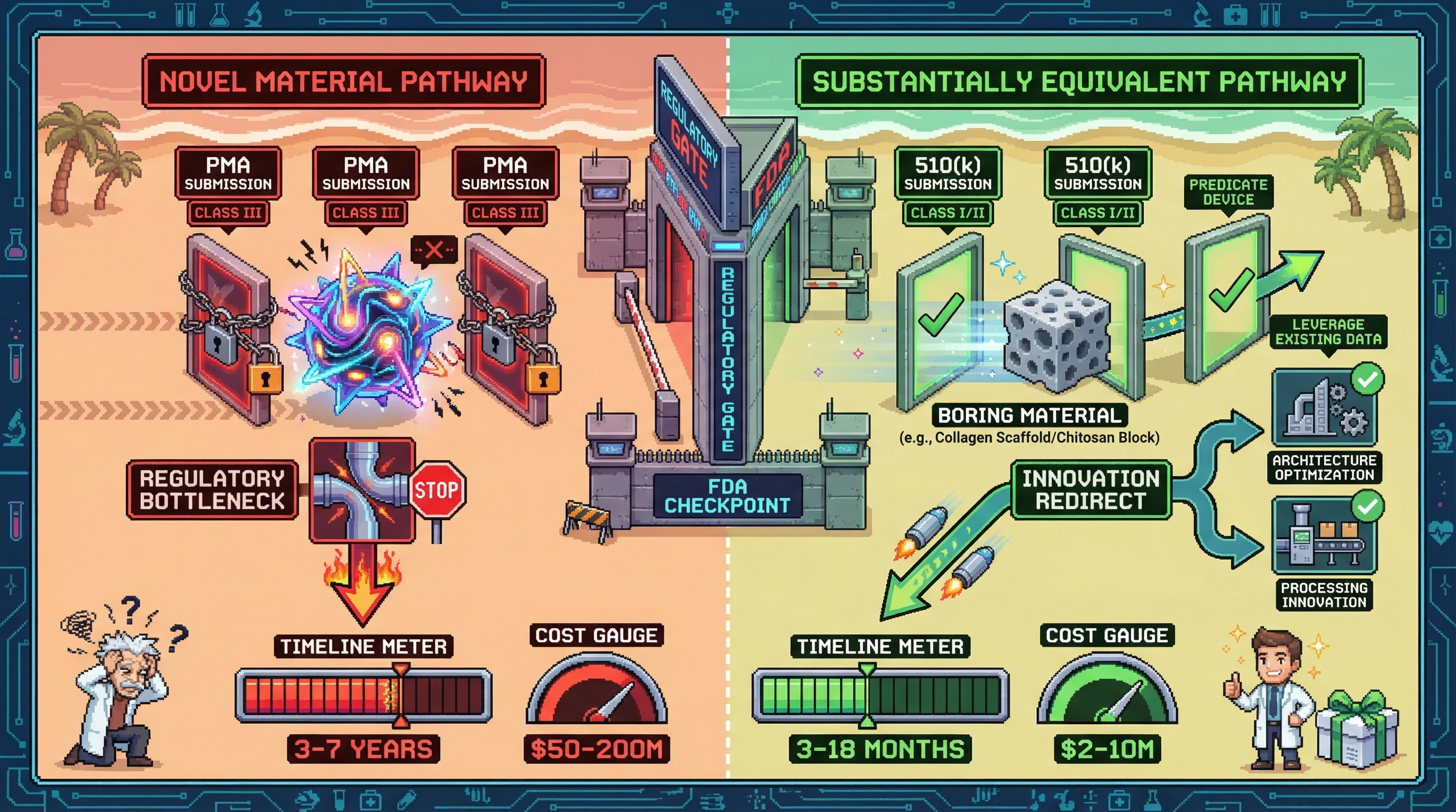 This infographic illustrates the 'Substantially Equivalent Hack,' showing how leveraging established, 'boring' biomaterials for regulatory approval (510(k) pathway) leads to significantly faster and cheaper market entry compared to novel materials (PMA pathway), by redirecting innovation to architecture and processing.