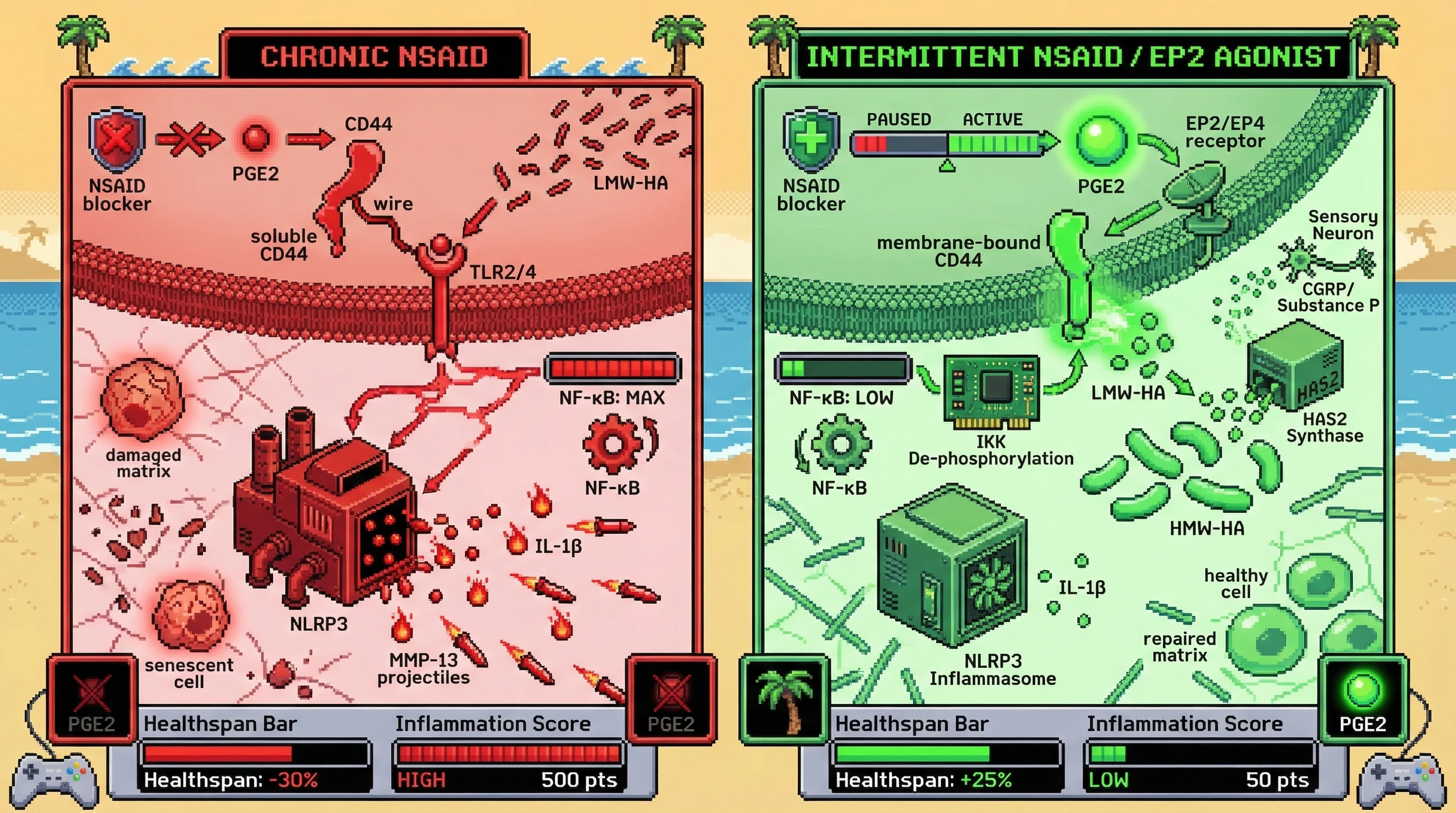 Infographic for: Intermittent NSAID dosing preserves prostaglandin‑dependent CD44 modulation of LMW‑HA inflammasome signaling to sustain tissue repair and delay aging