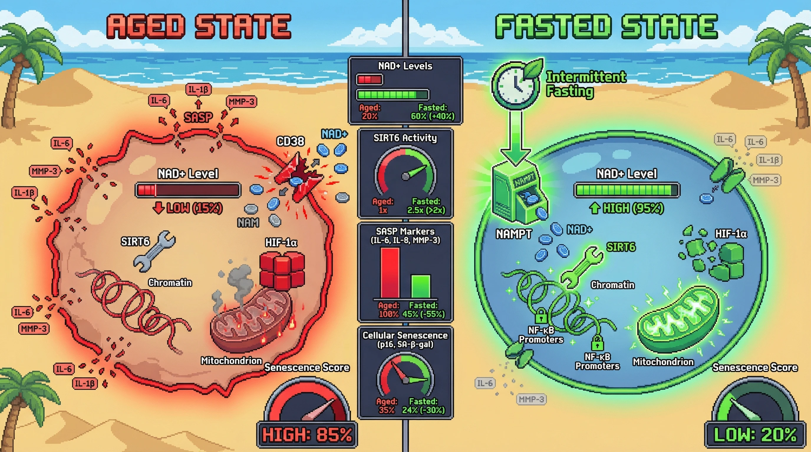 Infographic for: NAD+ as a Rheostat of Senescence: How Intermittent Fasting Resets the Senescence‑NAD+ Feedback Loop via SIRT6‑Mediated Chromatin Remodeling