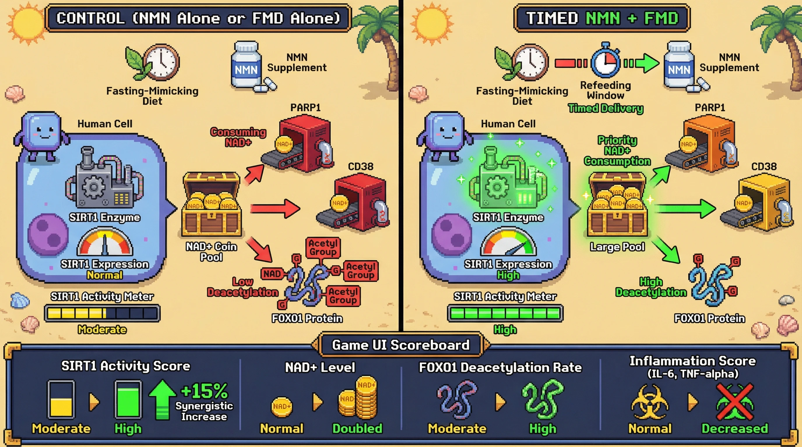 Mechanism: Timed NMN administration during refeeding after a fasting-mimicking diet synergistically increases SIRT1 deacetylase activity by optimizing NAD+ substrate availability when SIRT1 expression peaks. Readout: Readout: This results in a predicted 15% increase in SIRT1 activity and enhanced FOXO1 deacetylation, alongside elevated NAD+ levels and decreased inflammation markers.